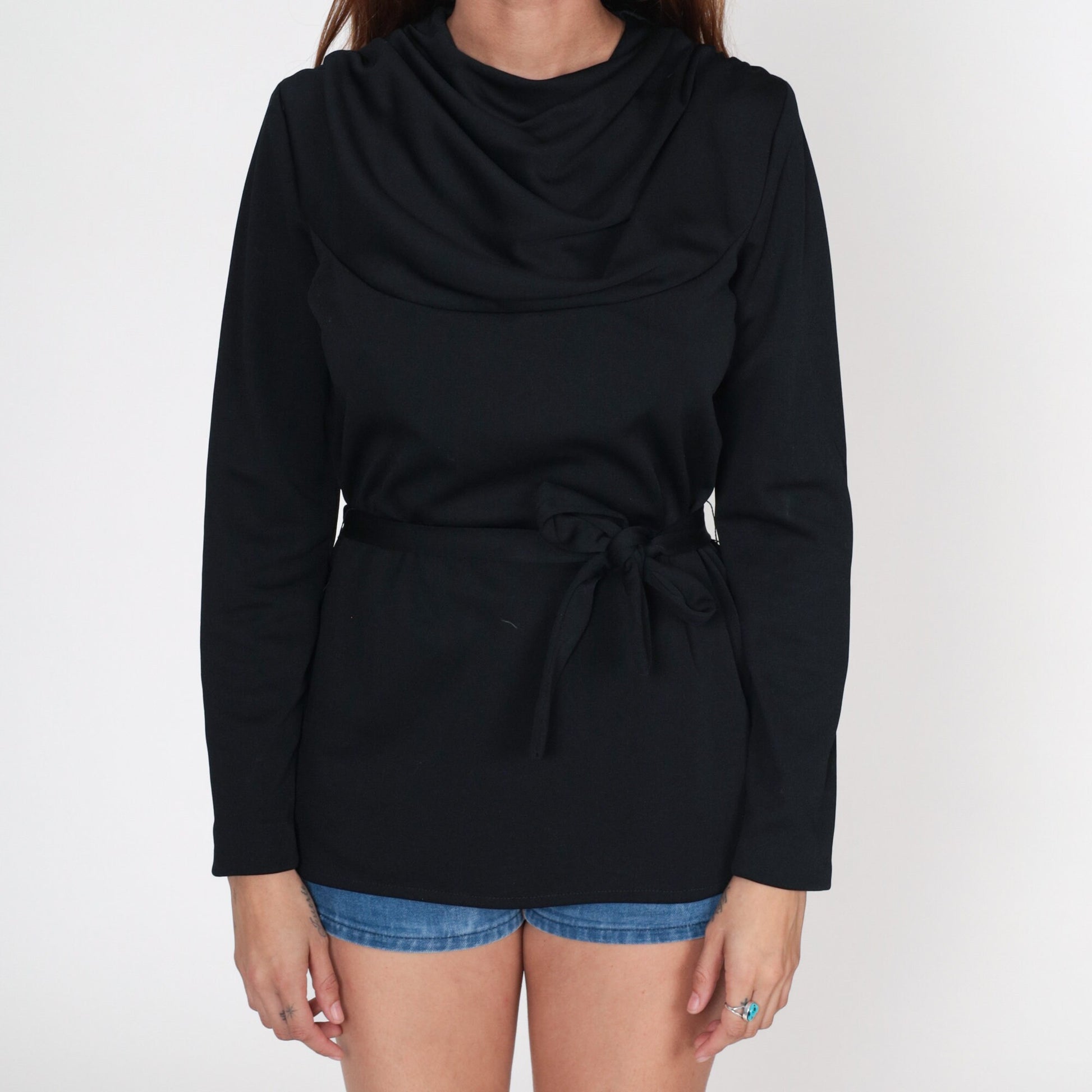 70s Black Cowl Neck Blouse Long Sleeve Belted Polyester Top Small