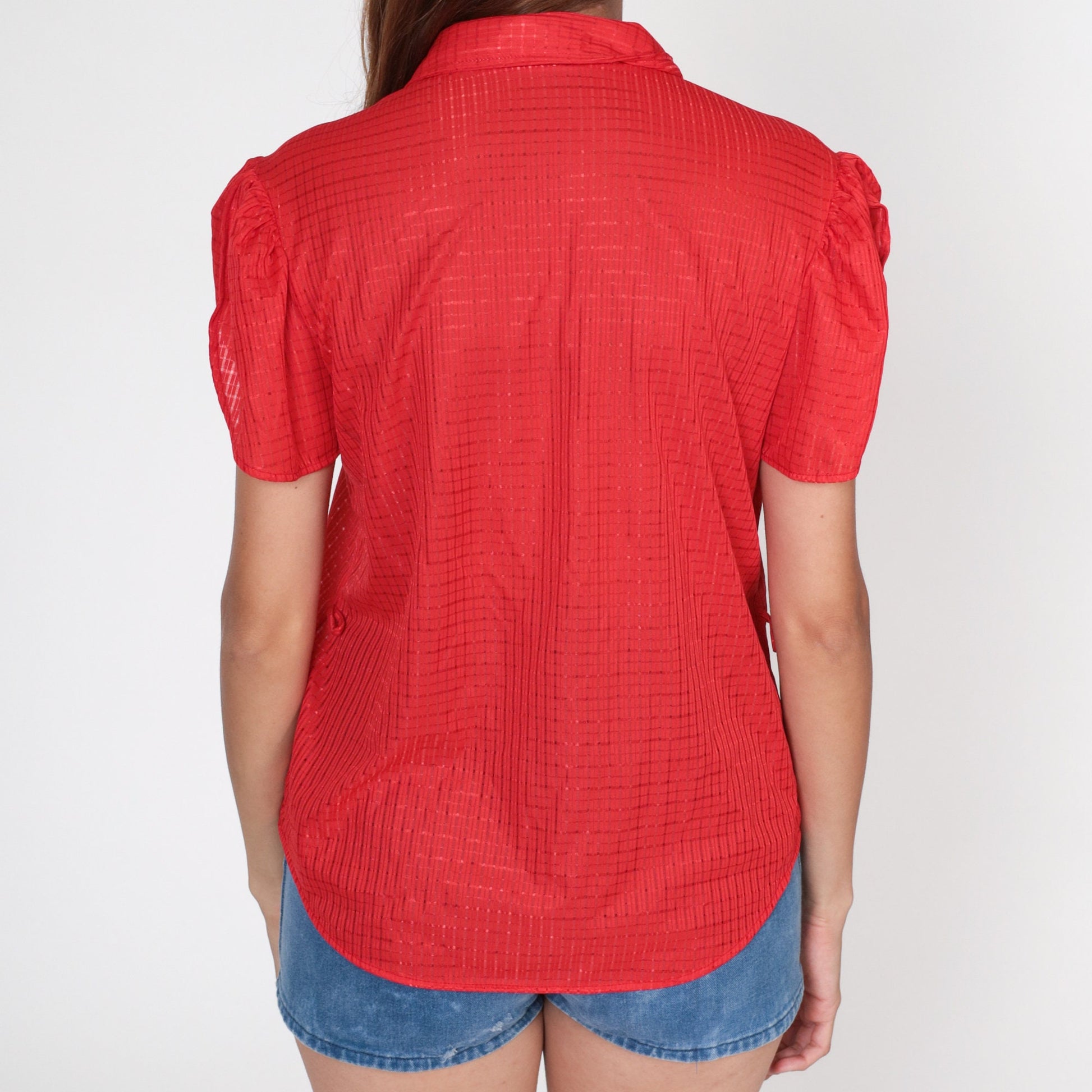 70s Red Checkered Puff Sleeve Button-Up Blouse Sheer Medium