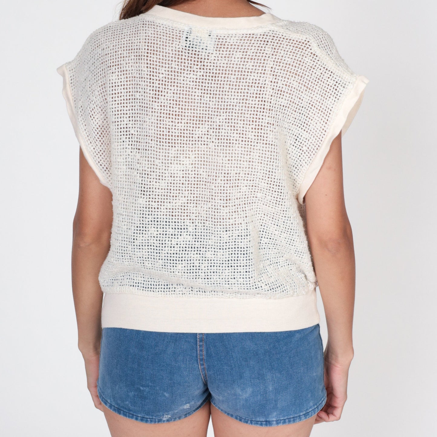 80s Campus Casuals Sheer Mesh Blouse Off-White Deep V-Neck Cap Sleeve Large