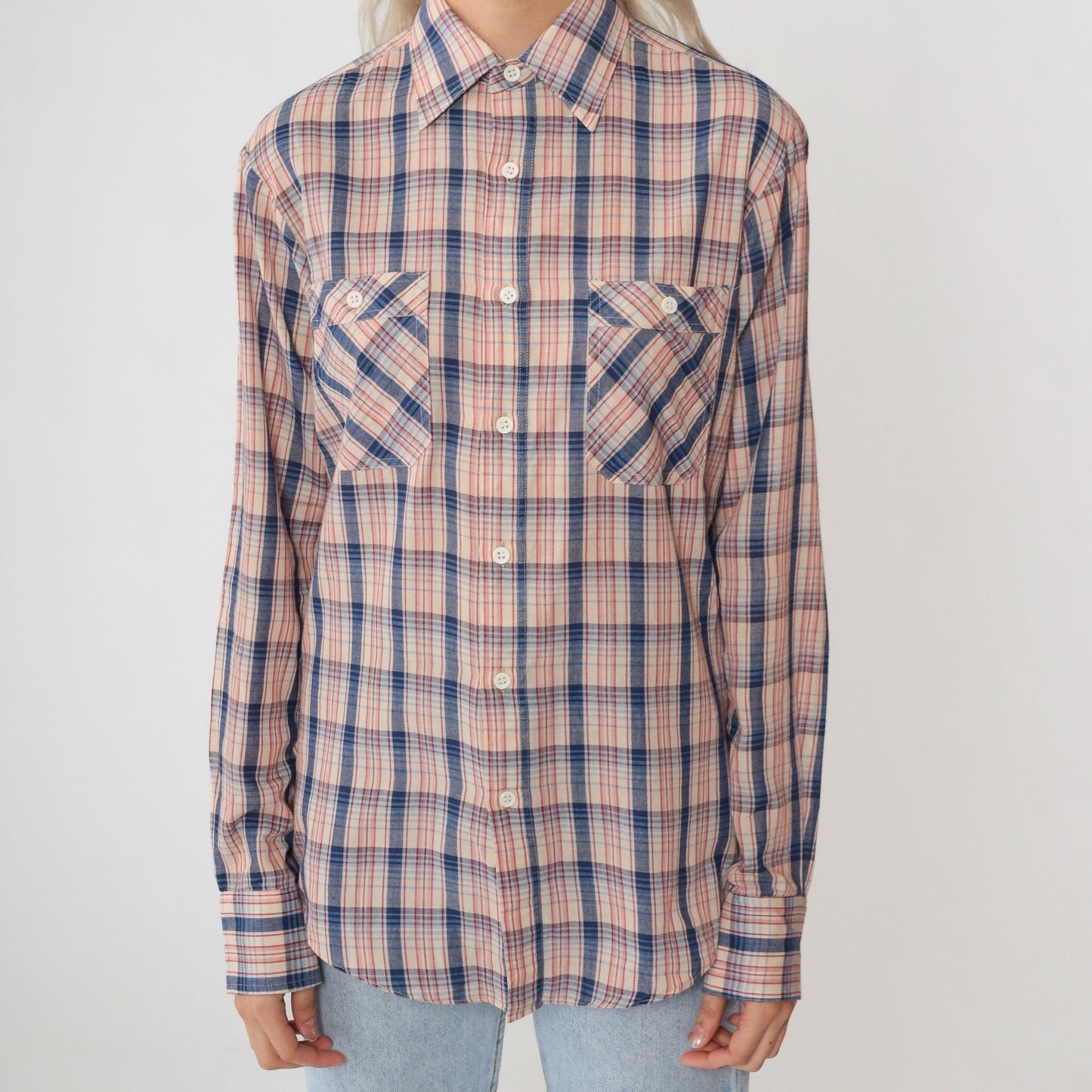 80s Saturdays in California Plaid Button-Up Shirt Blue Red Cream Small