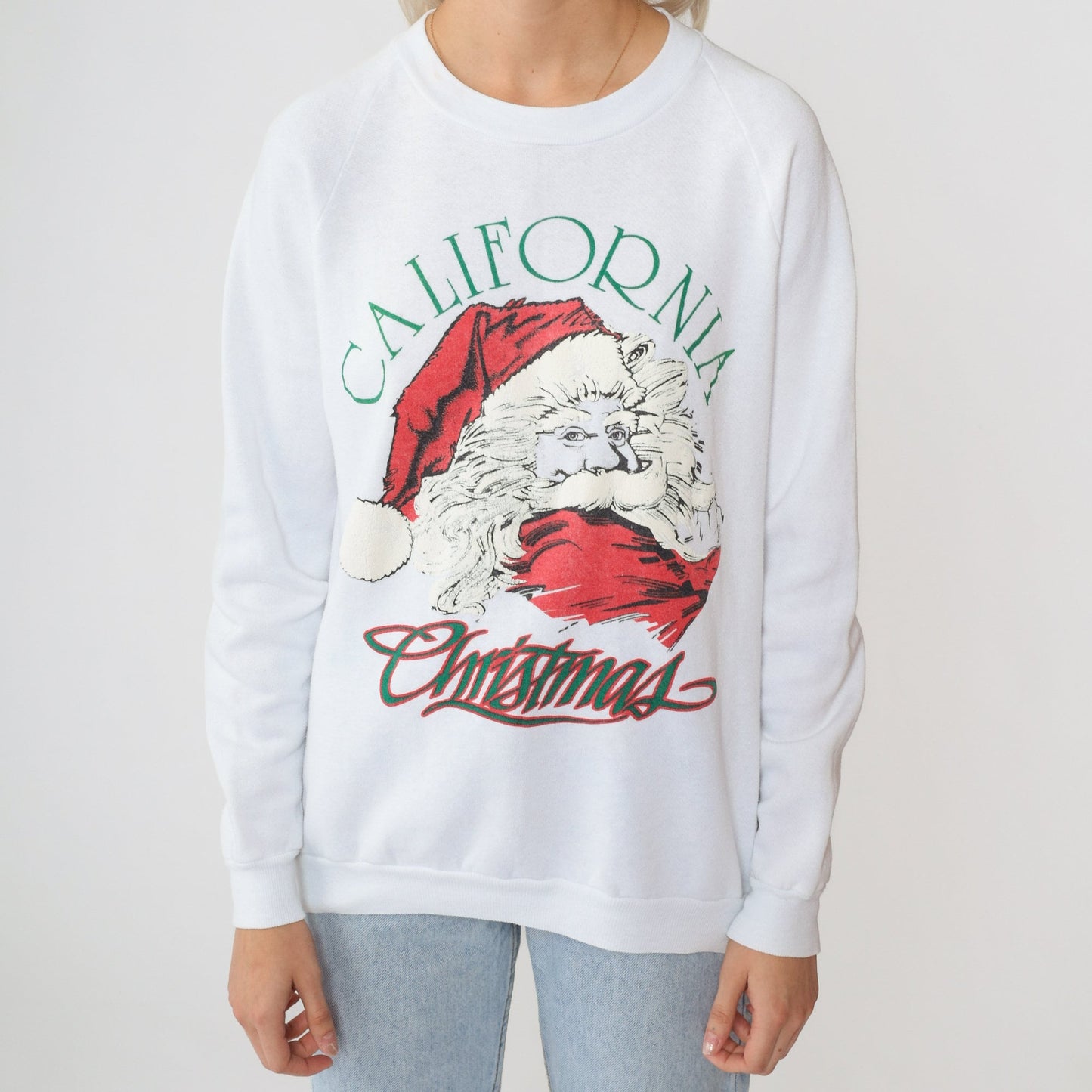 80s California Christmas Santa Sweatshirt White Raglan Puff Paint Small