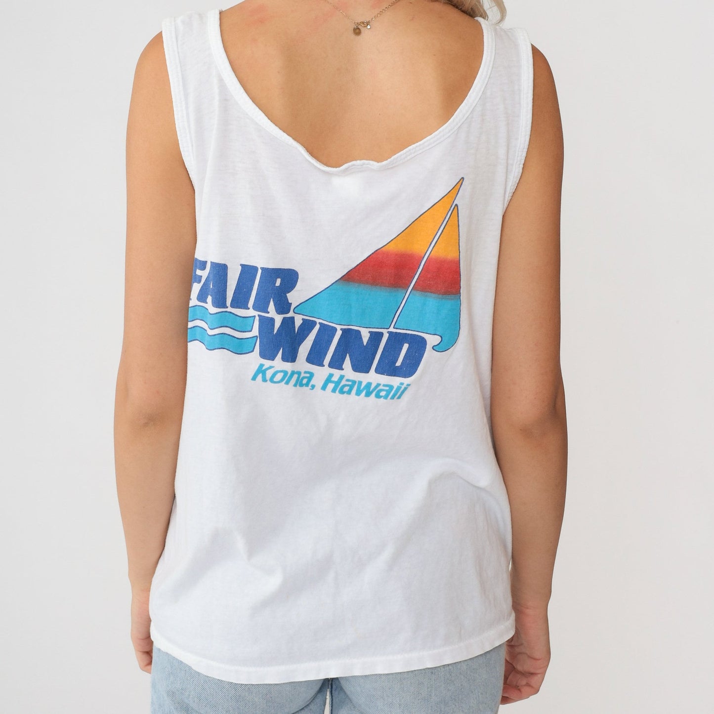 90s Fair Wind Kona Hawaii Boat Tours Tank Top White Graphic Tee Small