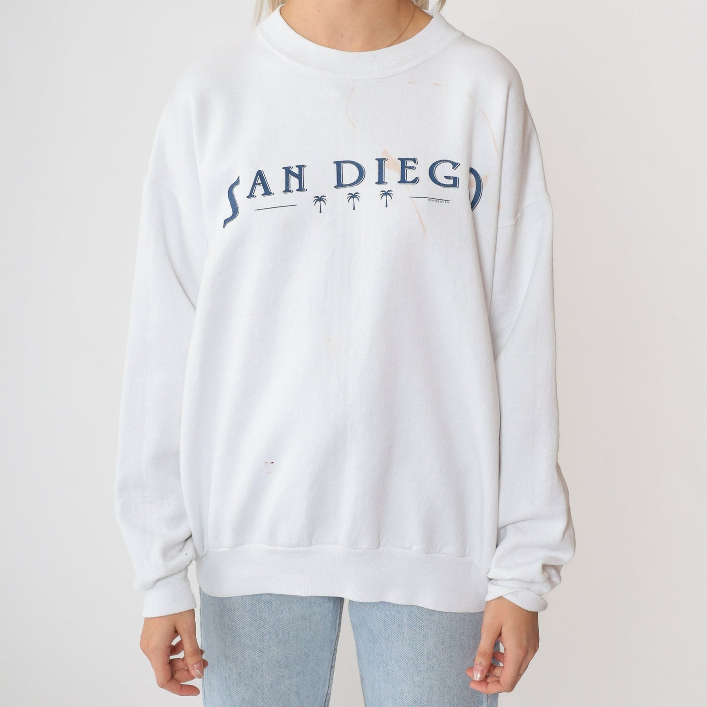 90s San Diego Palm Tree Sweatshirt White Graphic Crewneck Paint Splatter Large