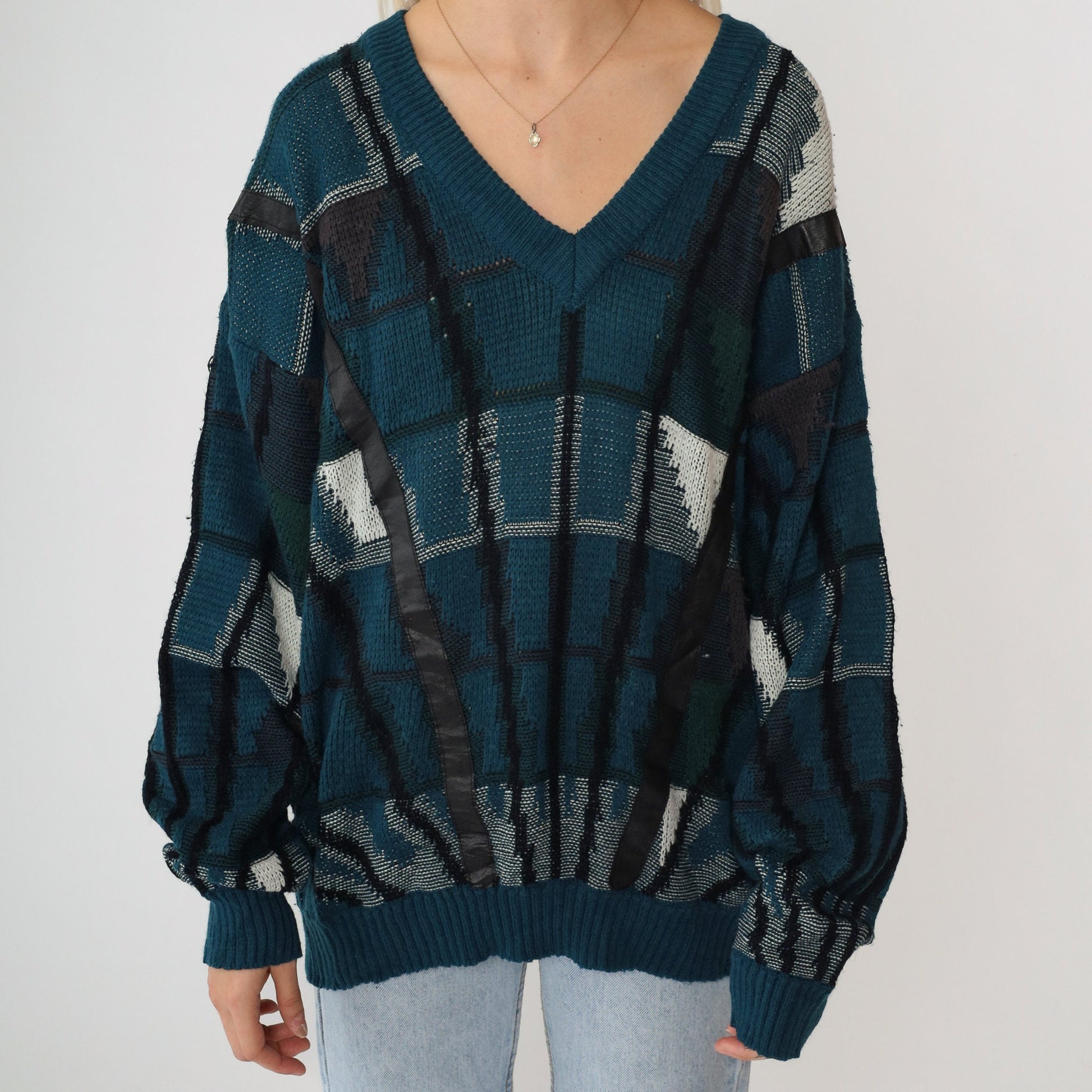 90s Urban Works Geometric Leather Trim Sweater Teal Blue Black V-Neck Large L
