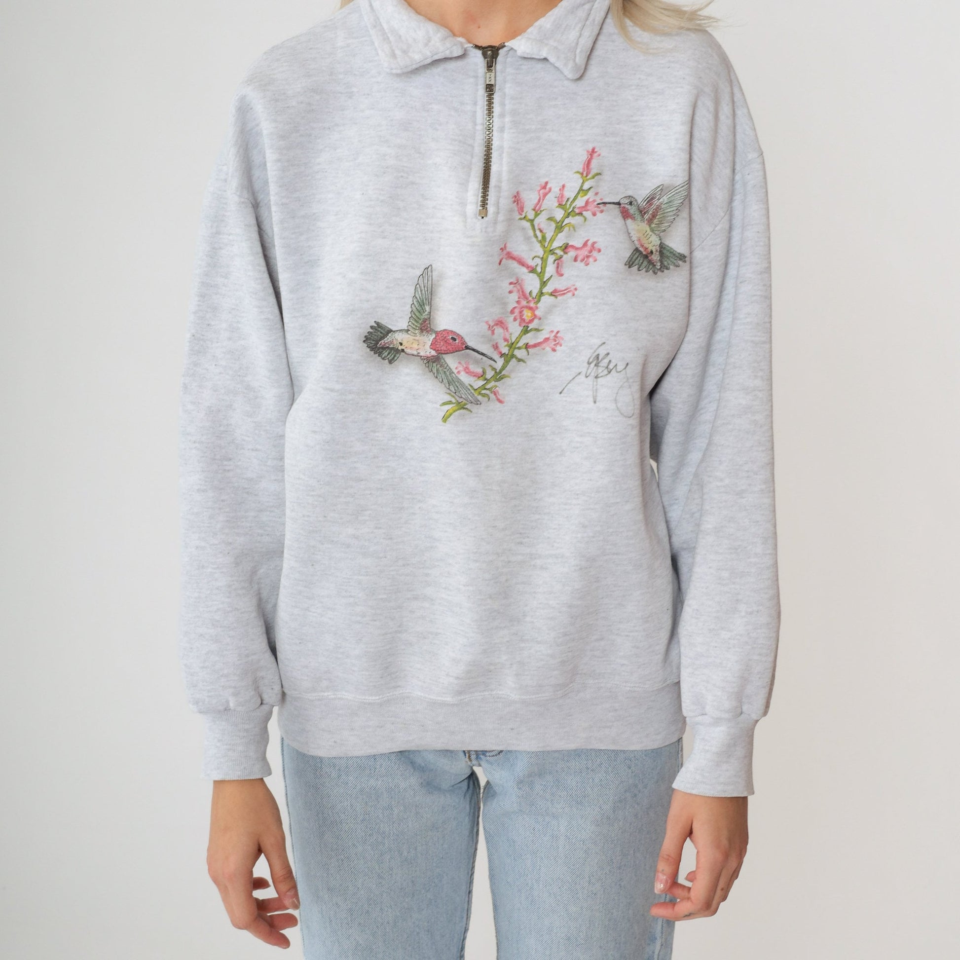 90s Hummingbird Floral Quarter Zip Sweatshirt Heather Grey Jerzees Medium