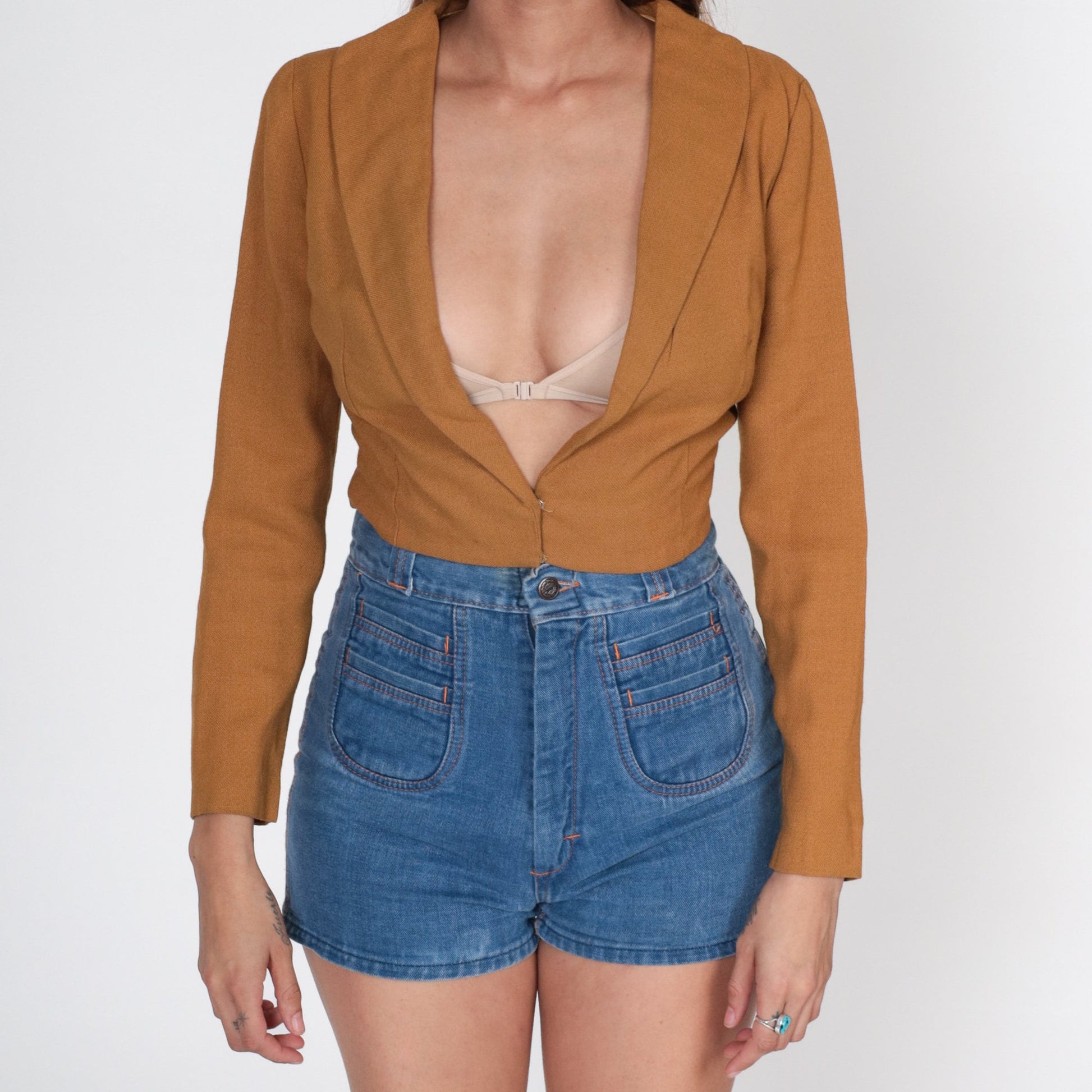 60s Vogue Brown Cropped Blazer Deep V Neckline Tailored Jacket Extra Small