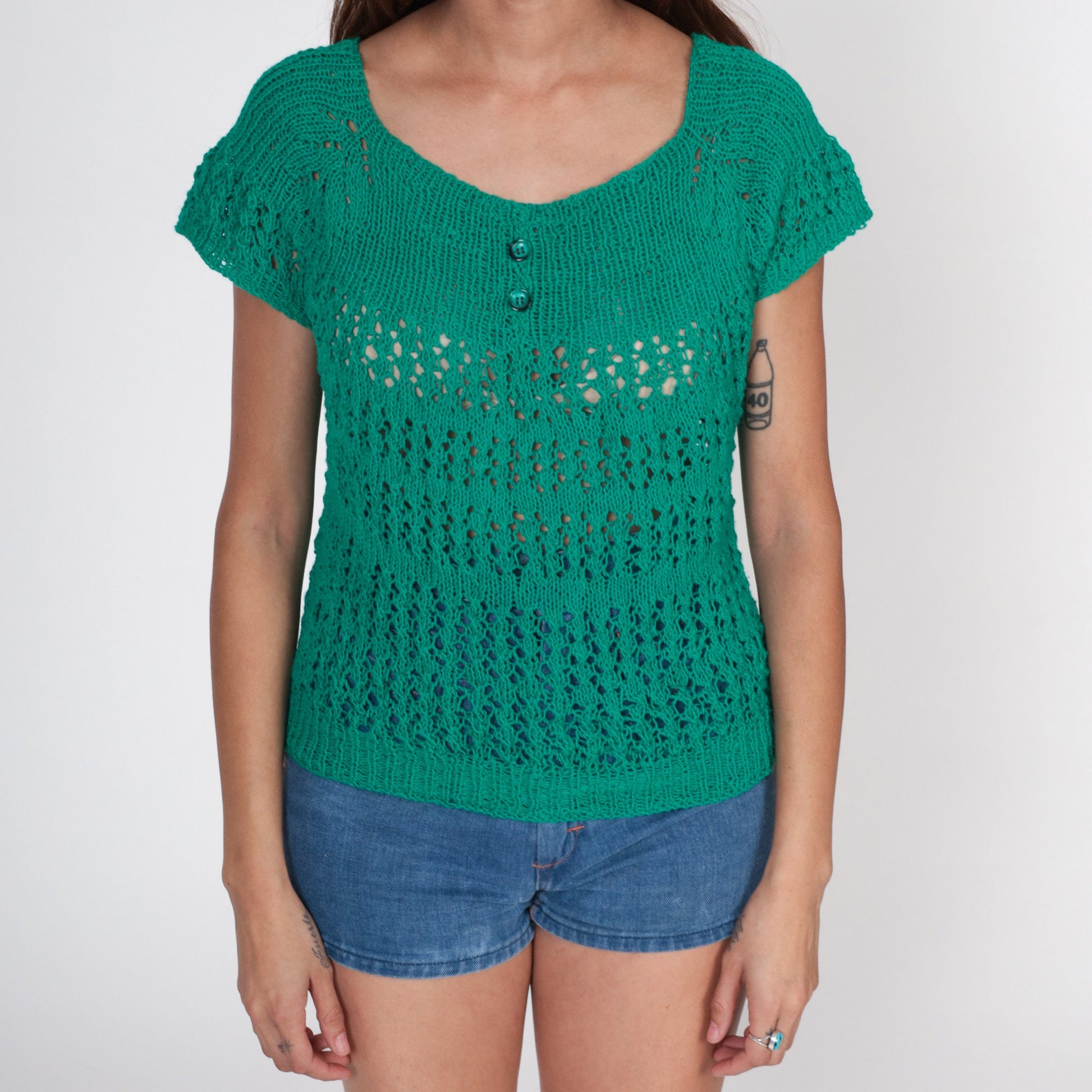 80s Green Crochet Blouse Short Raglan Sleeve Sheer Knit Top Small S