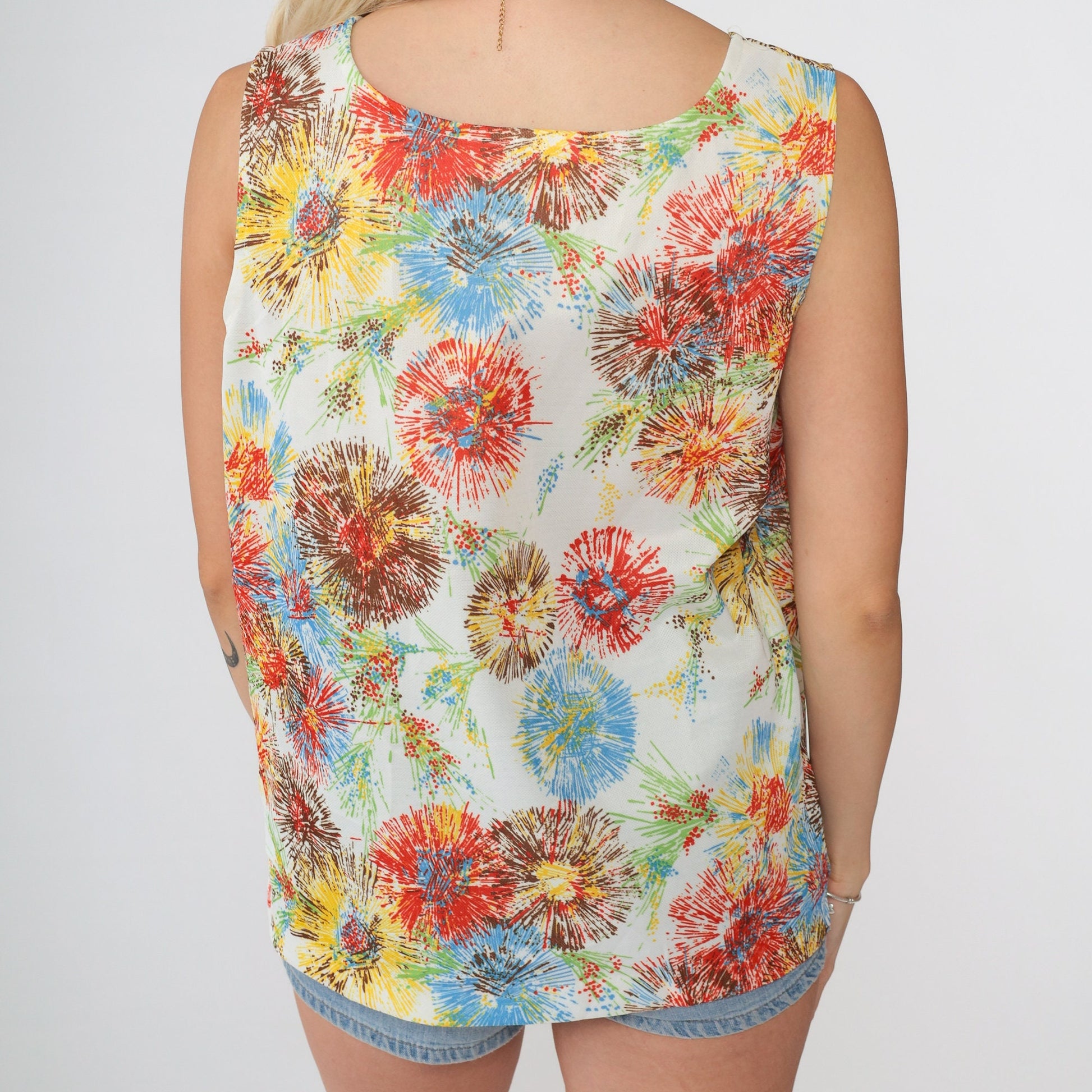 70s Starburst Floral Tank Top Psychedelic Print White Large L