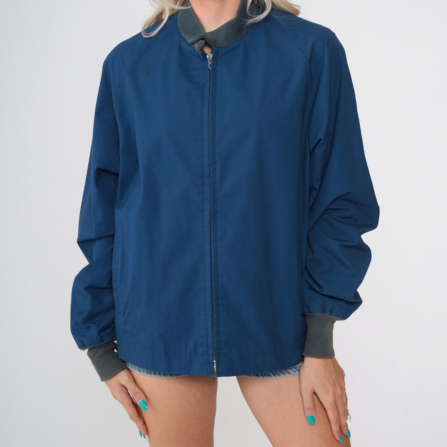 80s Dark Blue Windbreaker Jacket Grey Knit Cuffs Cotton Blend Small Medium