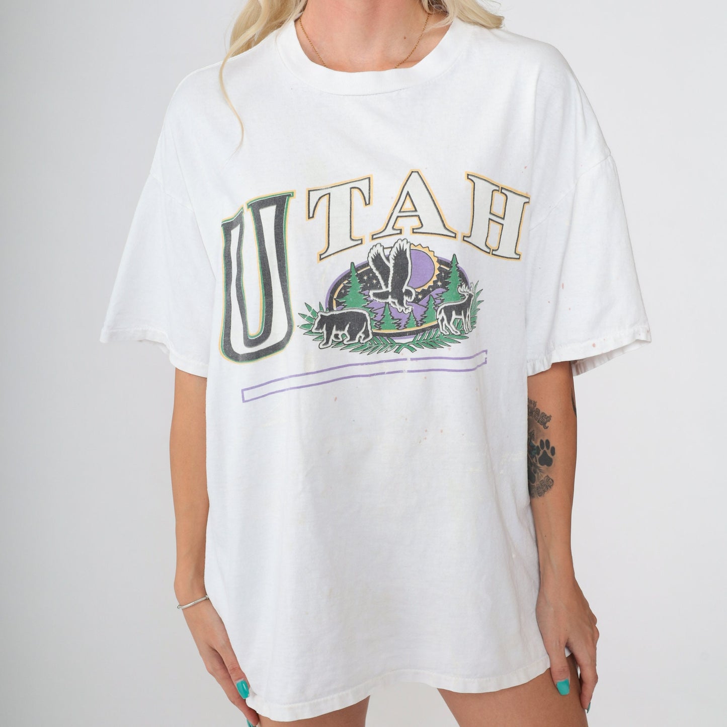 90s Utah Paint Splatter Graphic Tee Eagle Bear Deer Single Stitch White Extra Large XXL