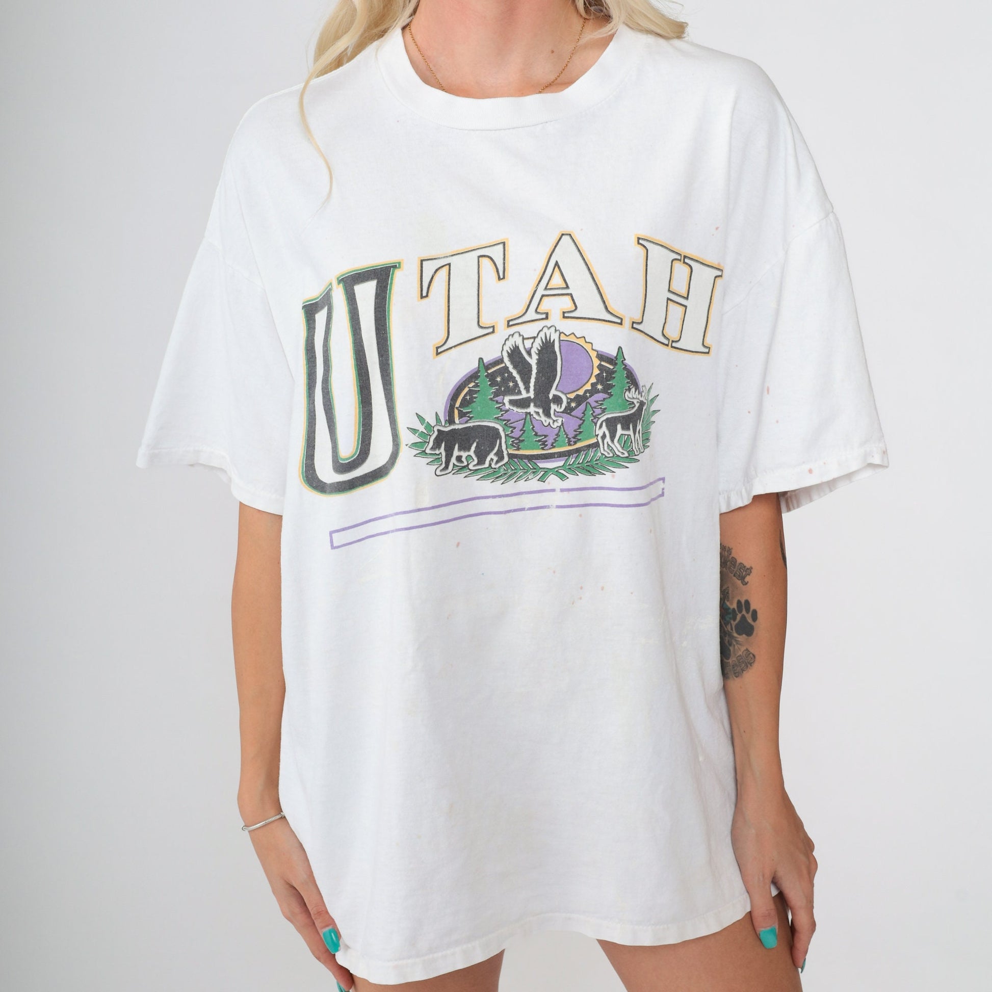 90s Utah Paint Splatter Graphic Tee Eagle Bear Deer Single Stitch White Extra Large XXL