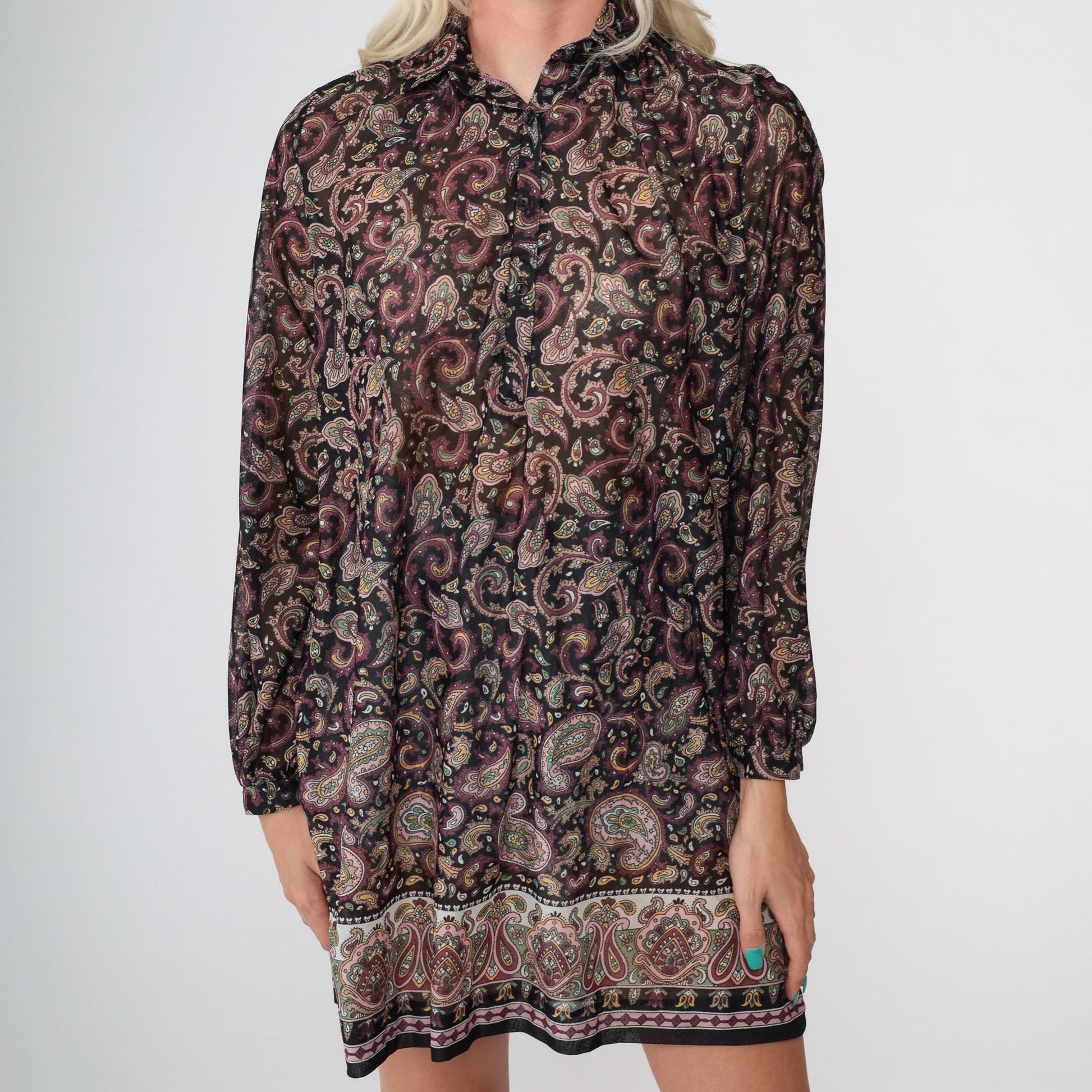 70s Paisley Mini Dress Black Shift Long Sleeve Button-Up Small