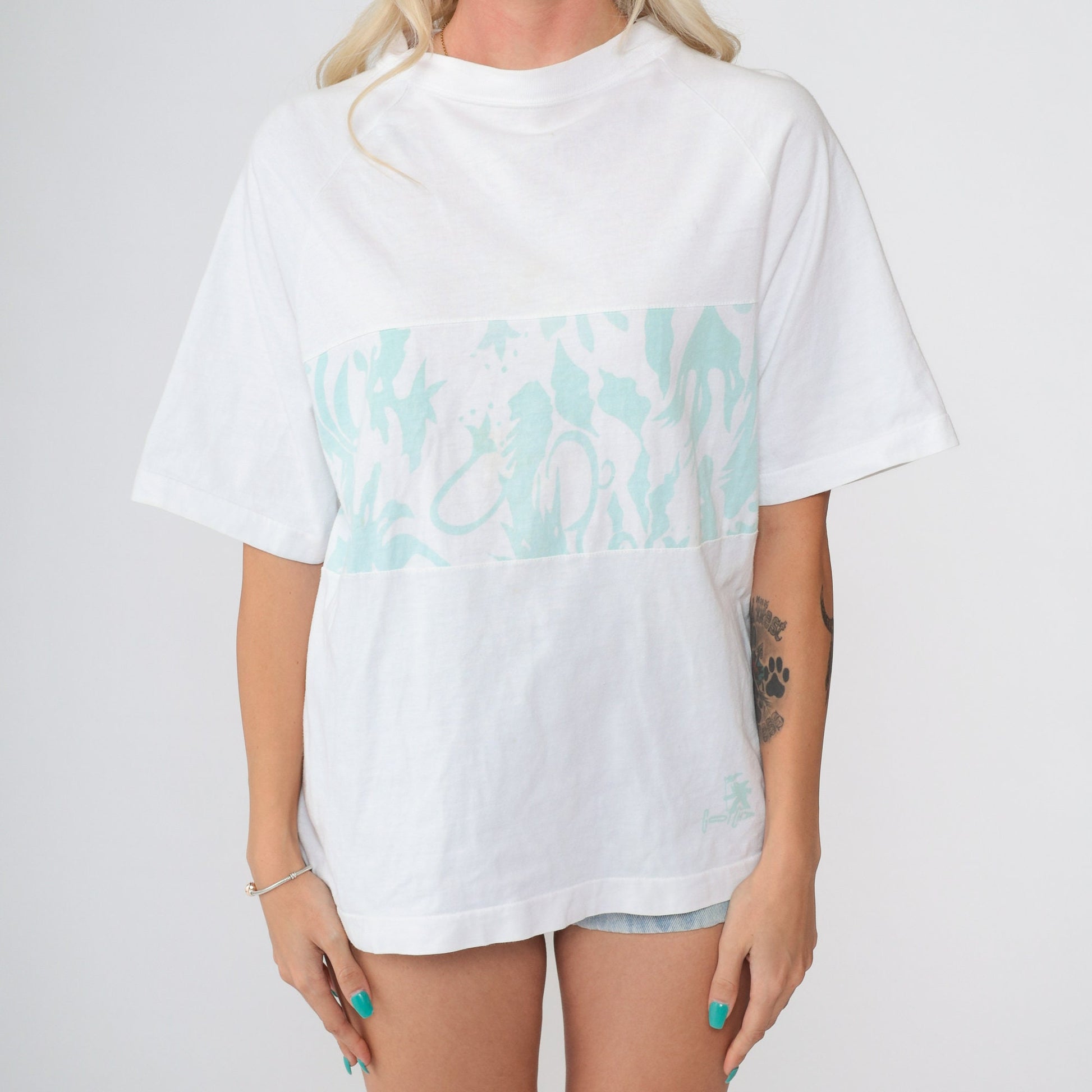 90s Abstract Mint Swirl Graphic T-Shirt White Crewneck Large
