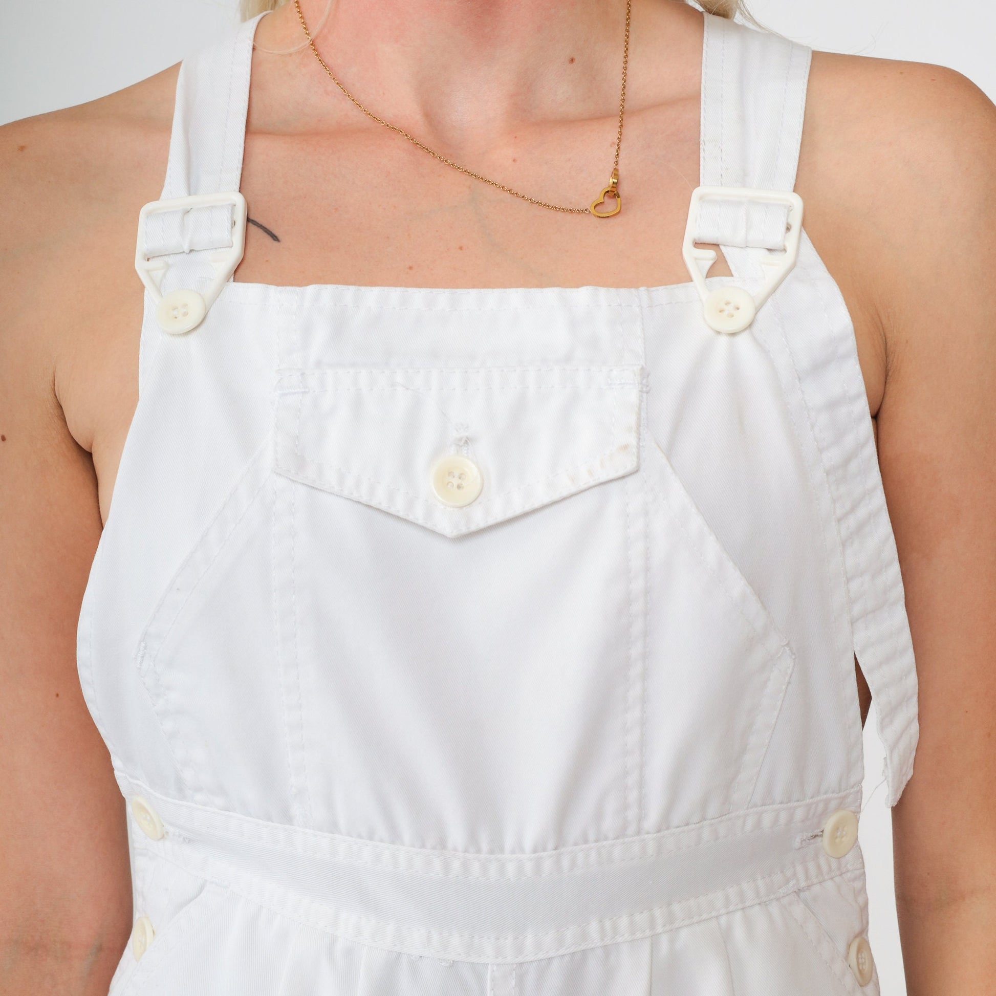 80s White High-Waisted Romper Playsuit Sleeveless Bib Pocket XXS