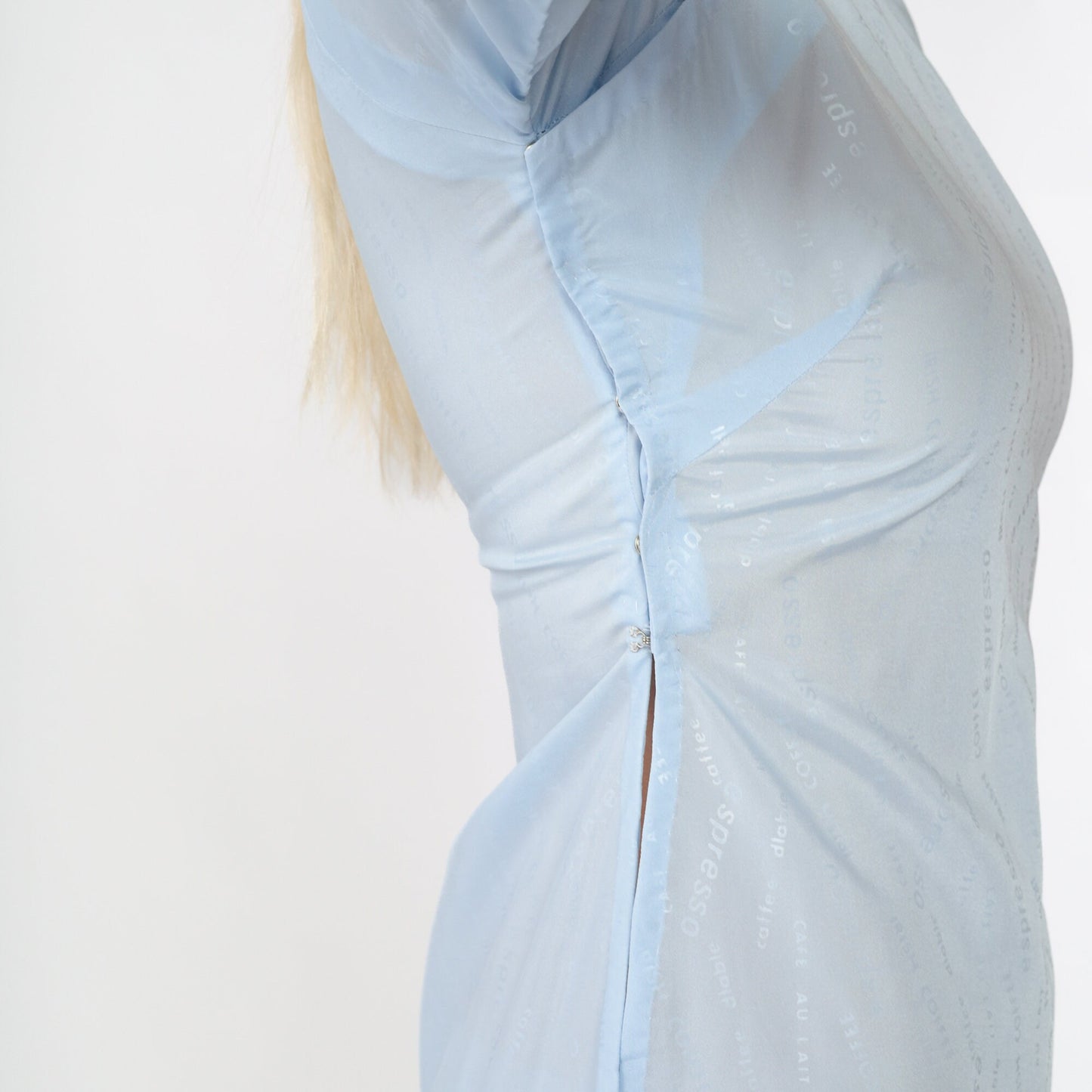 90s Vietnamese Ao Dai Midi Dress Baby Blue Coffee Graphic Mandarin Collar Extra Small