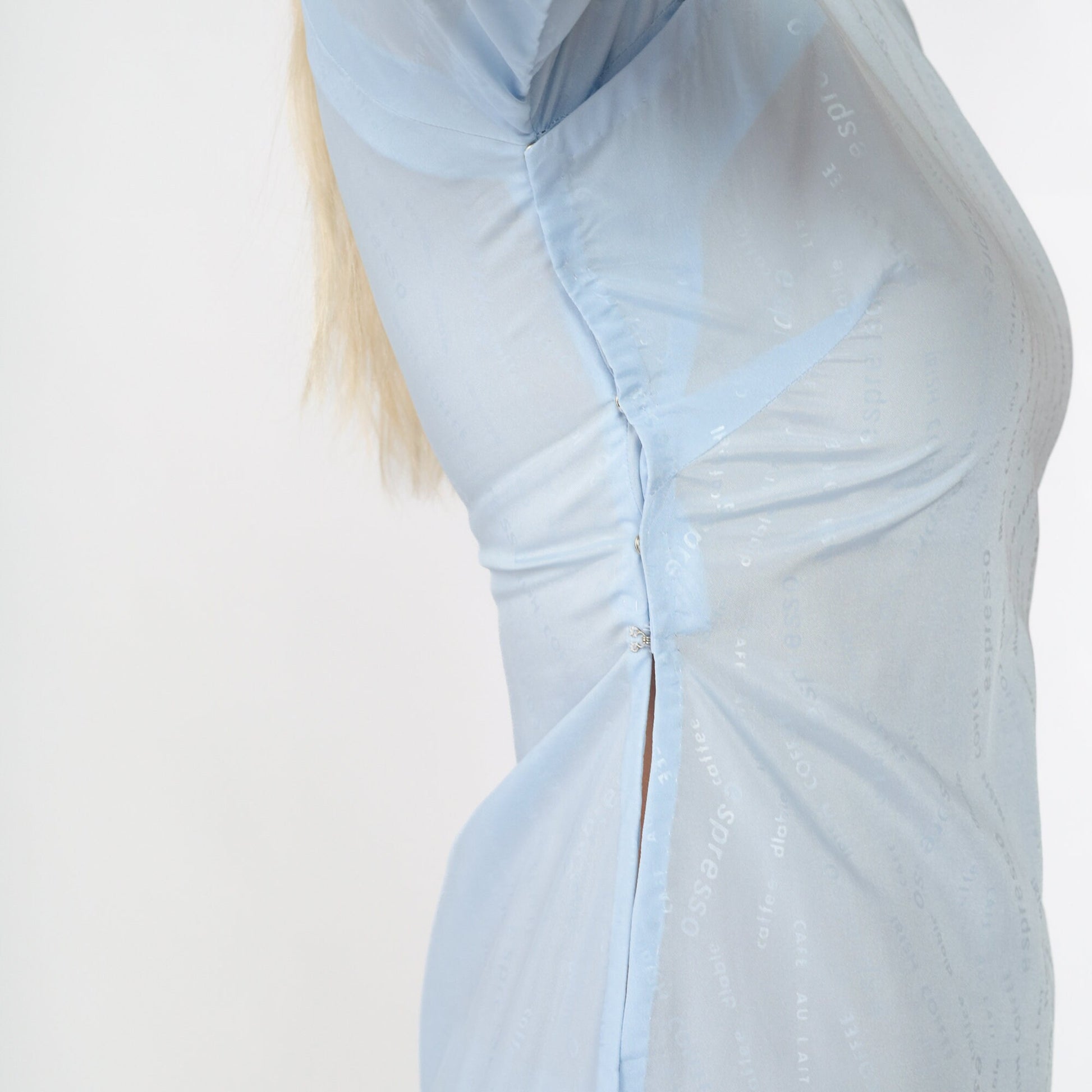 90s Vietnamese Ao Dai Midi Dress Baby Blue Coffee Graphic Mandarin Collar Extra Small