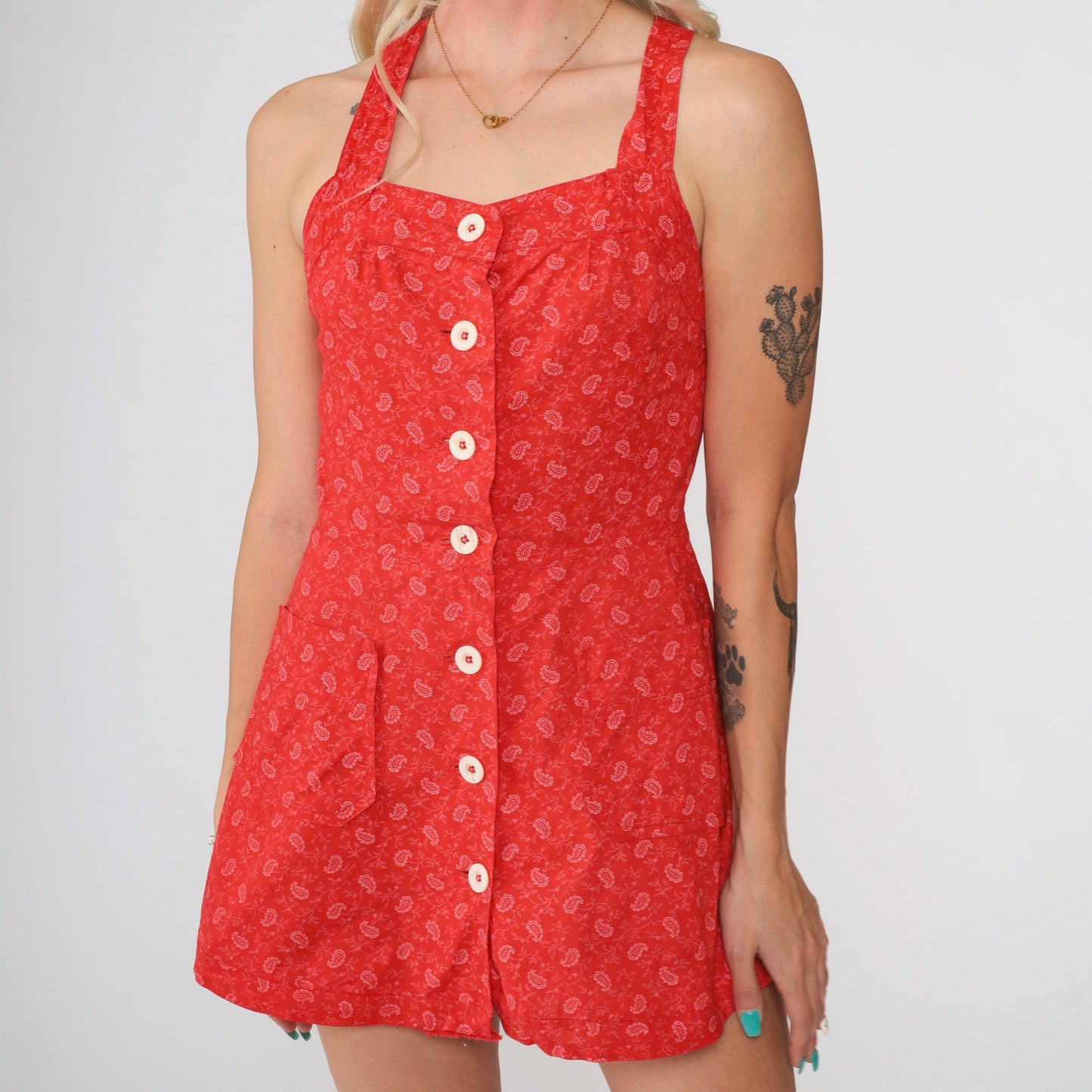 70s Red Paisley Micro Mini Sundress White Print Button Front XXS