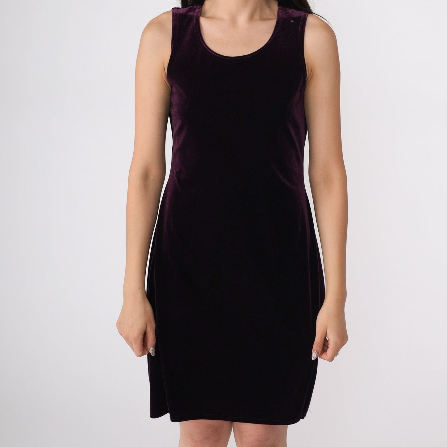 90s Purple Velvet Mini Dress Sleeveless Scoop Neck Shift Small