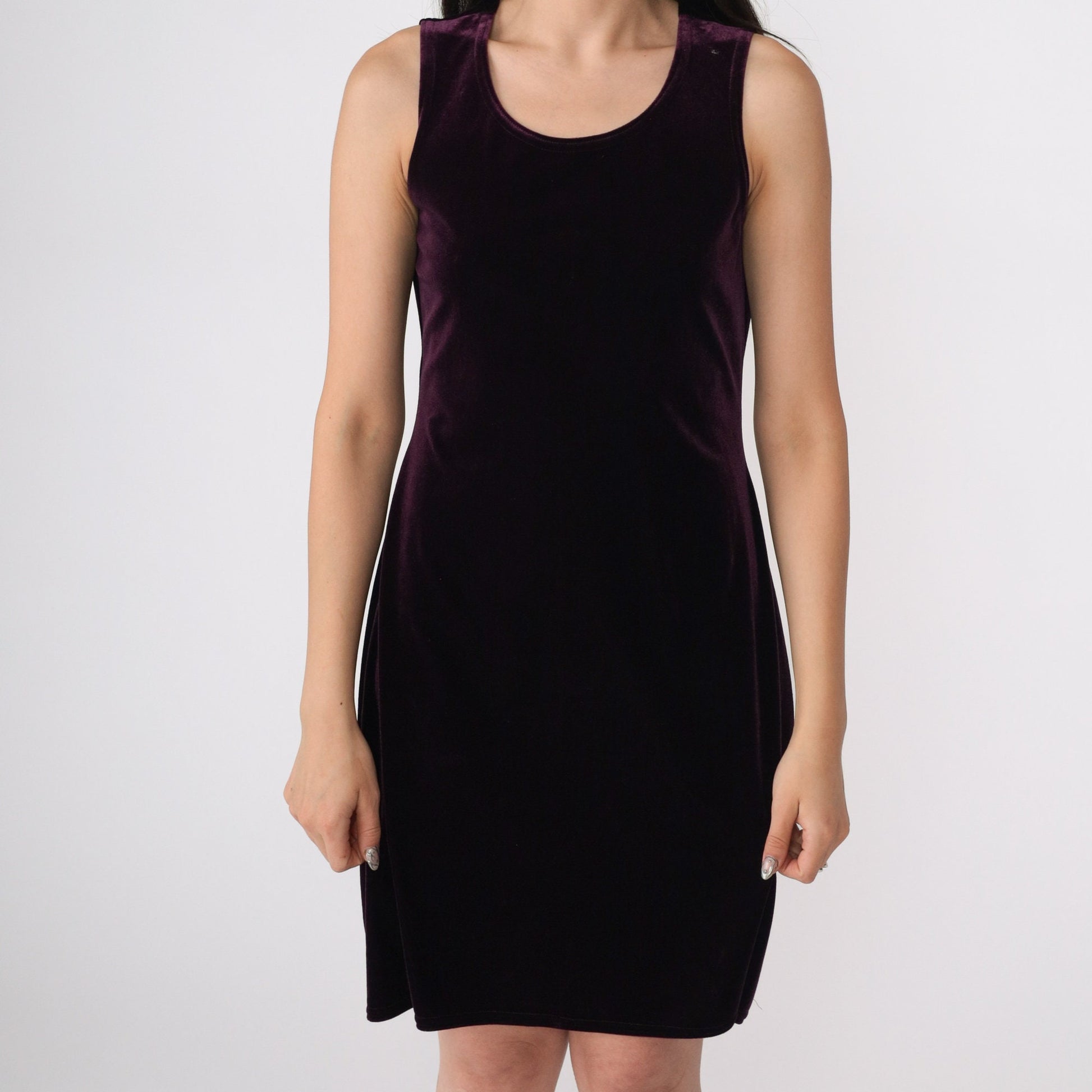 90s Purple Velvet Mini Dress Sleeveless Scoop Neck Shift Small