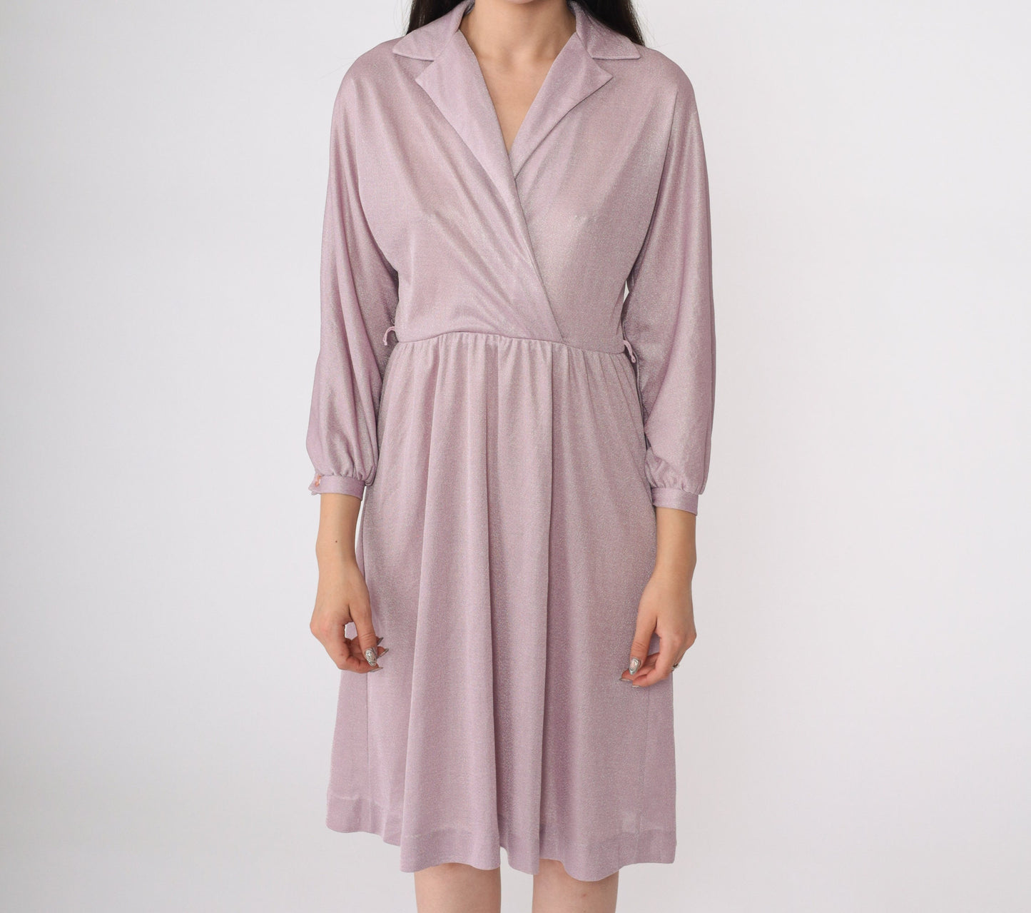 70s Shimmery Lavender Grecian Wrap Dress Long Sleeve Midi High Waist Small