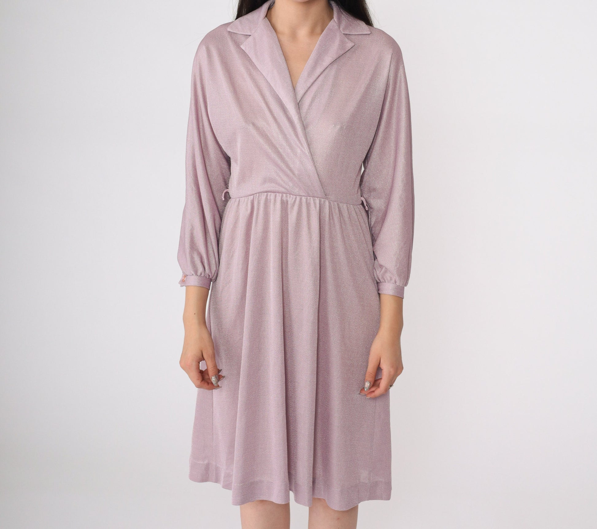 70s Shimmery Lavender Grecian Wrap Dress Long Sleeve Midi High Waist Small