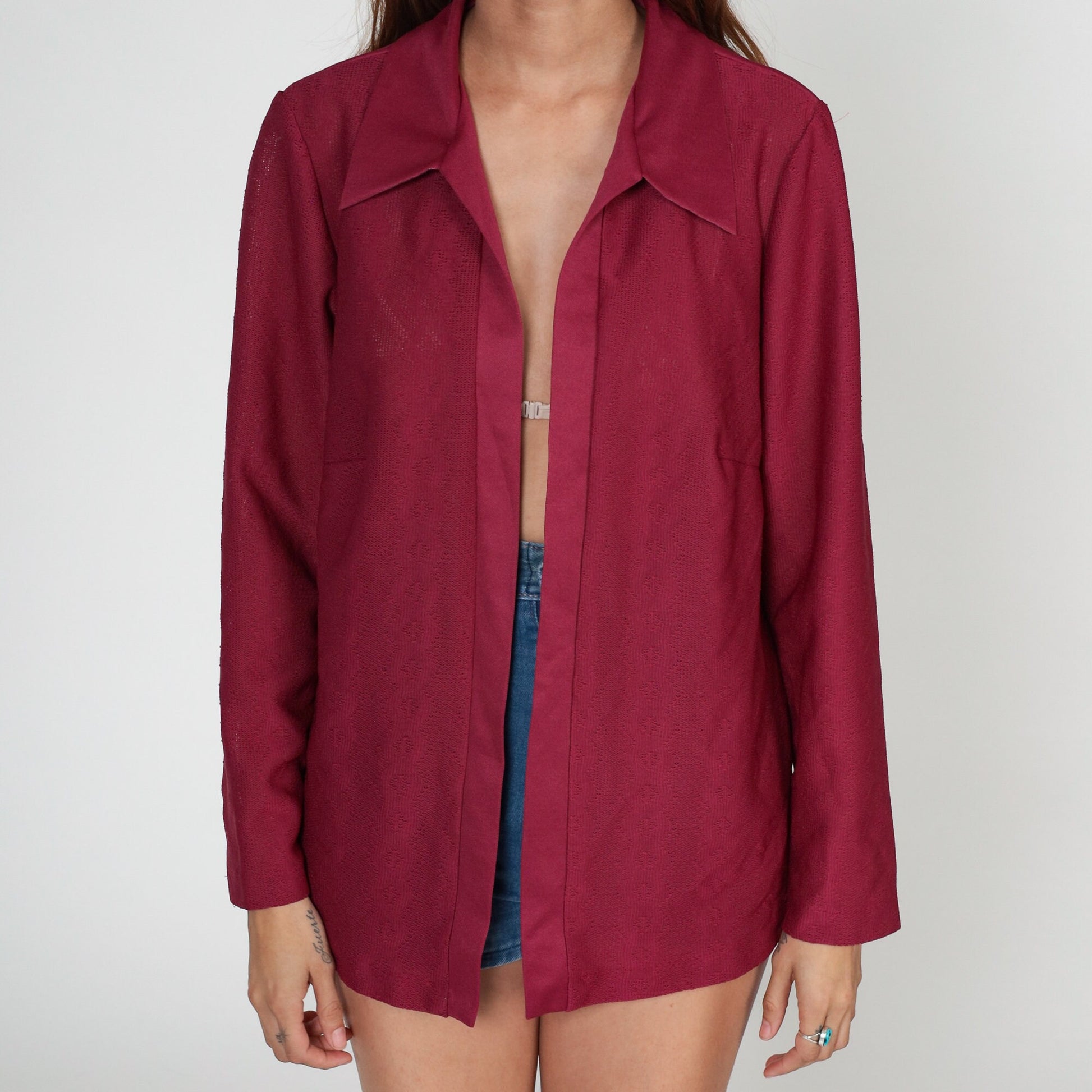 70s Raspberry Red Open Front Blazer Long Sleeve Collared Jacket Medium M