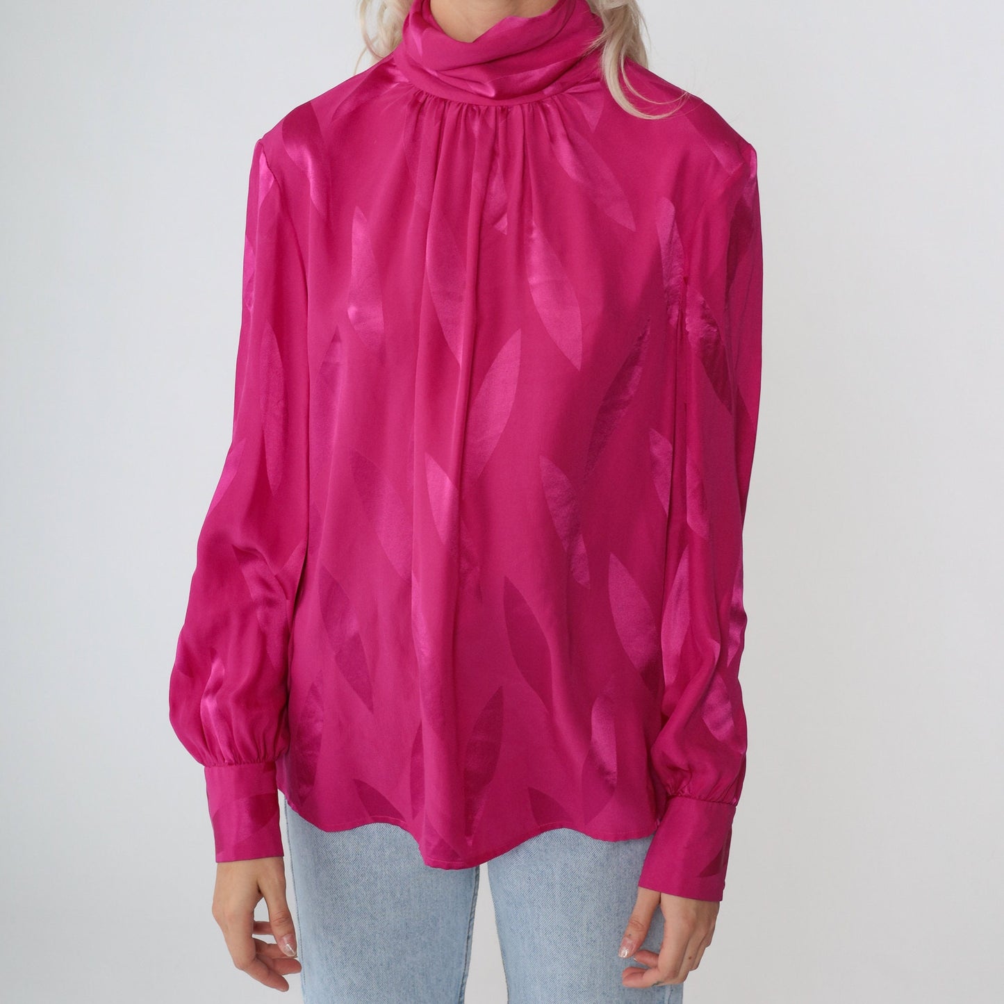 80s Pink Silk Blouse Mock Neck Balloon Sleeve Embossed Leaf Print Small S