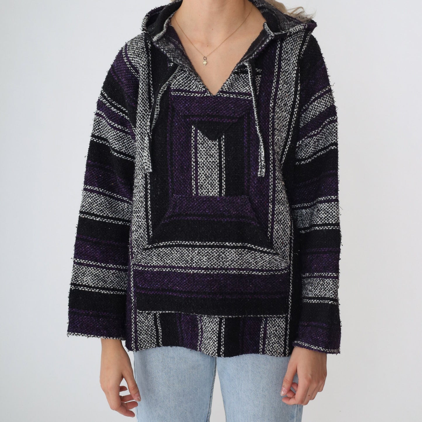 90s Mexican Baja Hoodie Black White Purple Striped Kangaroo Pocket Small