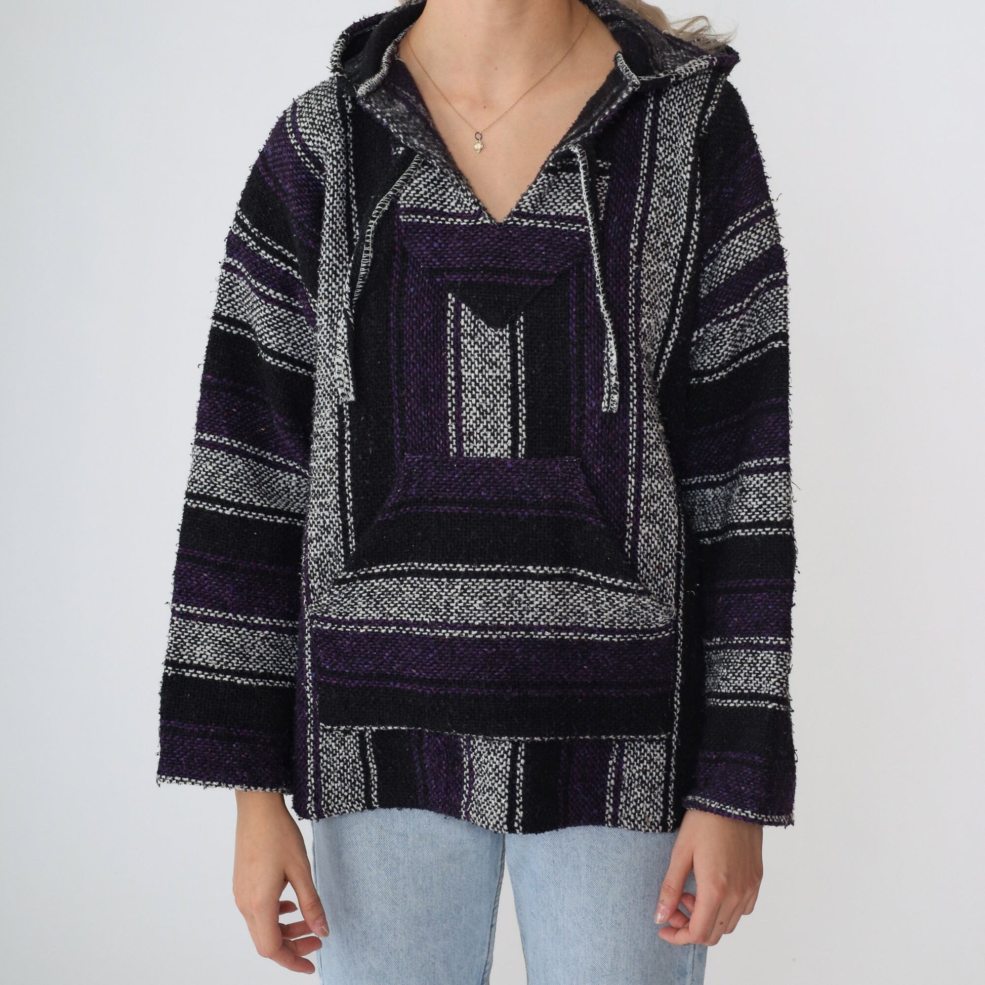 90s Mexican Baja Hoodie Black White Purple Striped Kangaroo Pocket Small