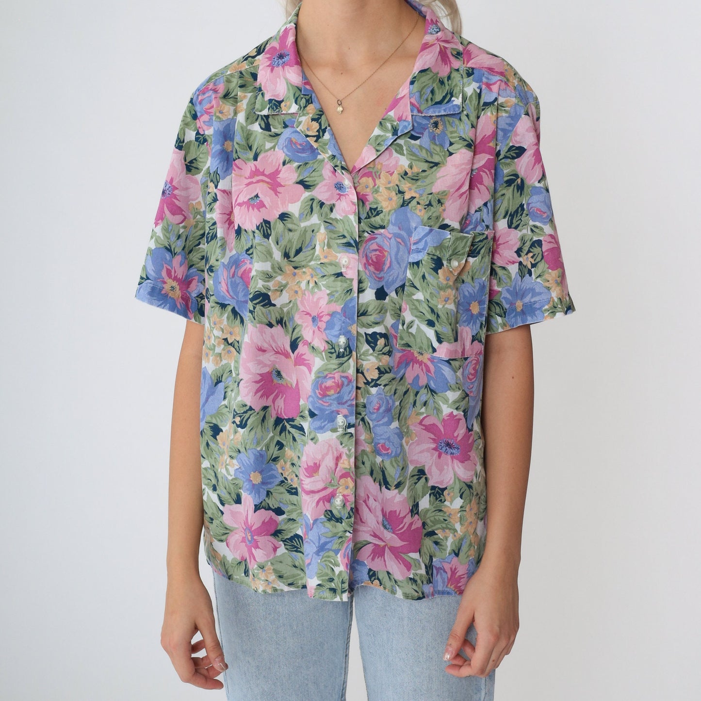 90s Floral Button-Up Blouse Short Sleeve Collared Shirt Multicolor Medium M
