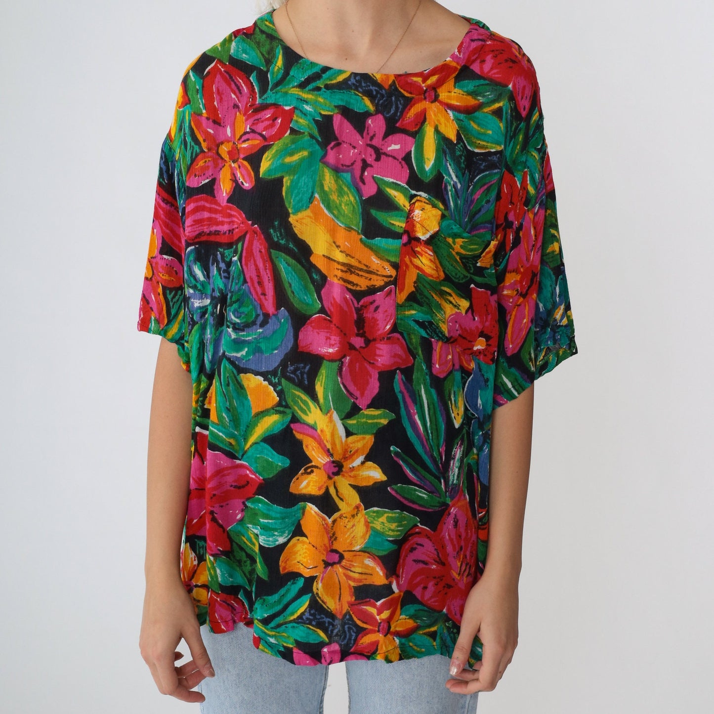 Y2K Tropical Floral Blouse Carole Little Short Sleeve Chest Pocket Medium