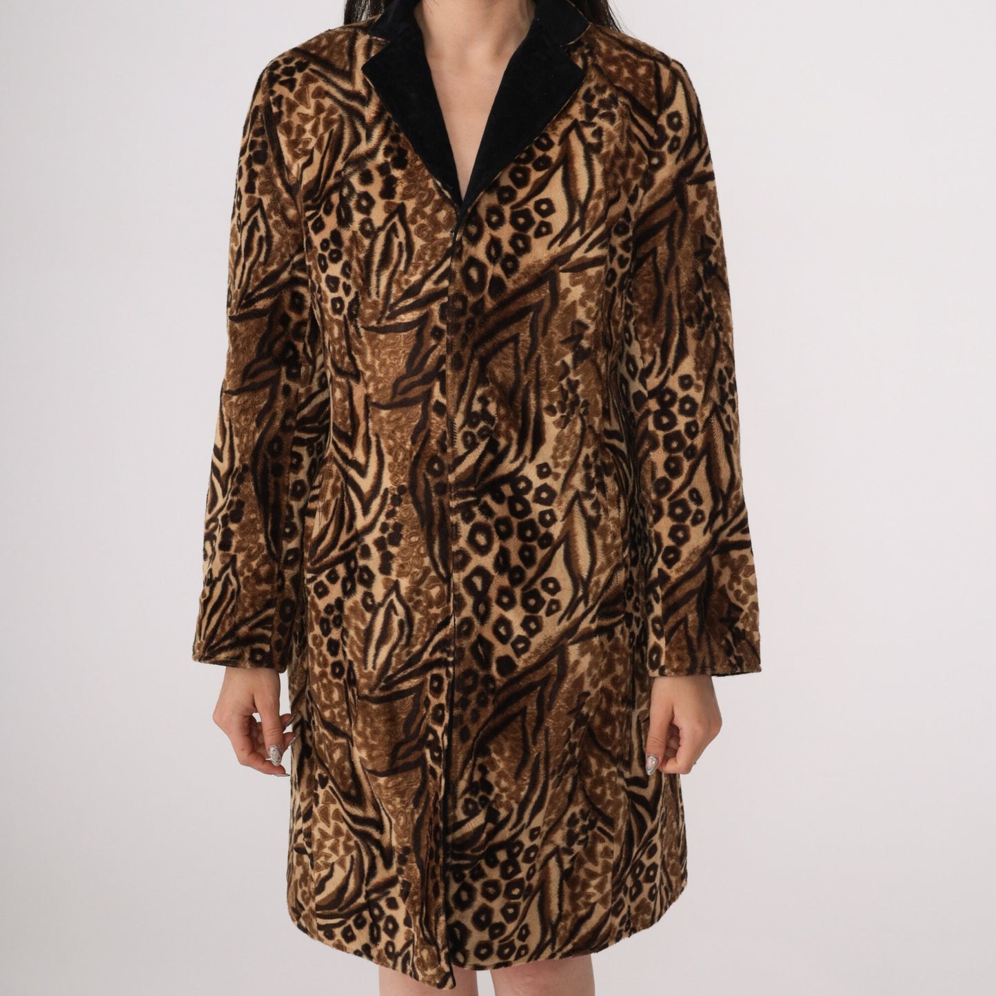 80s Leopard Tiger Print Faux Fur Coat Black Collar Small S