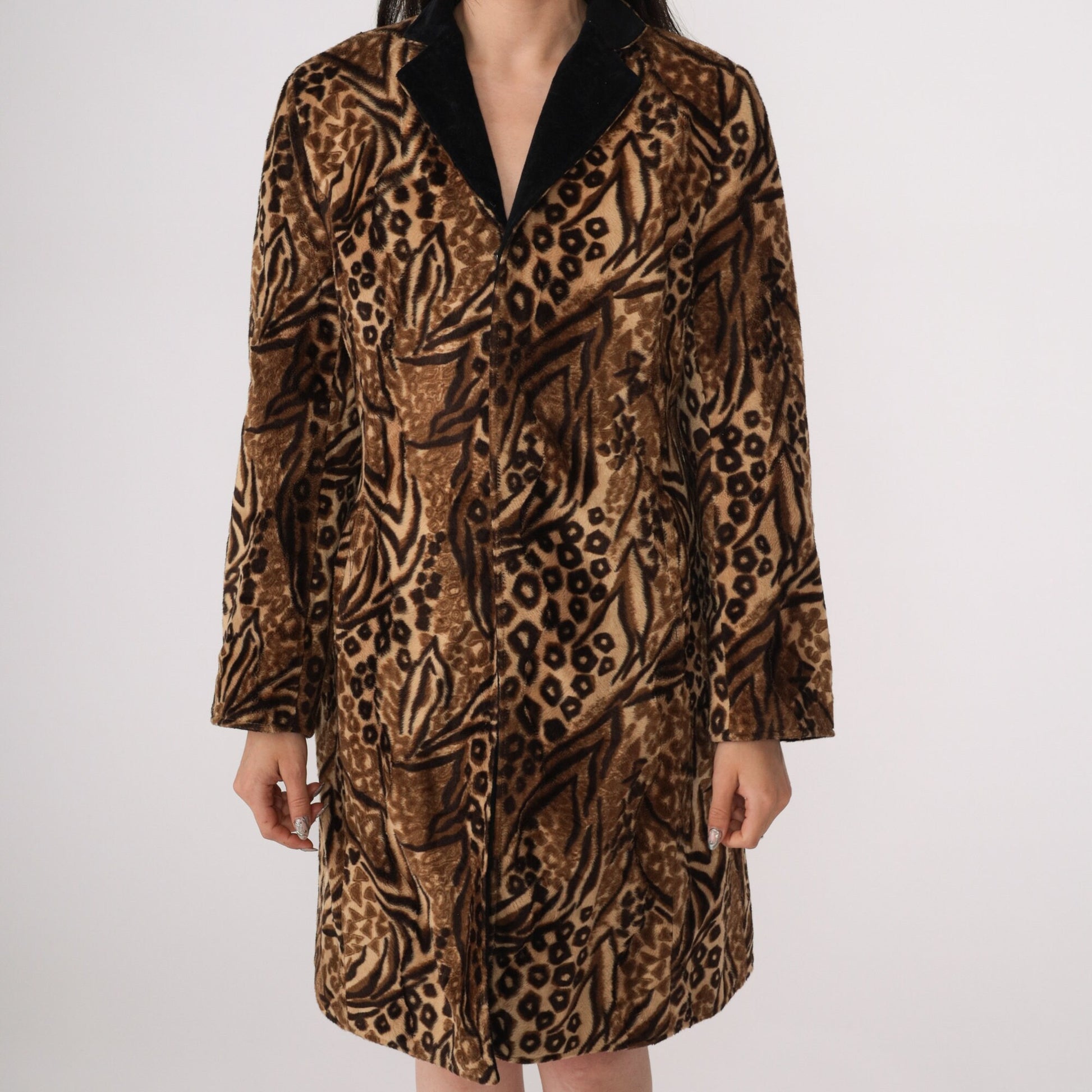 80s Leopard Tiger Print Faux Fur Coat Black Collar Small S