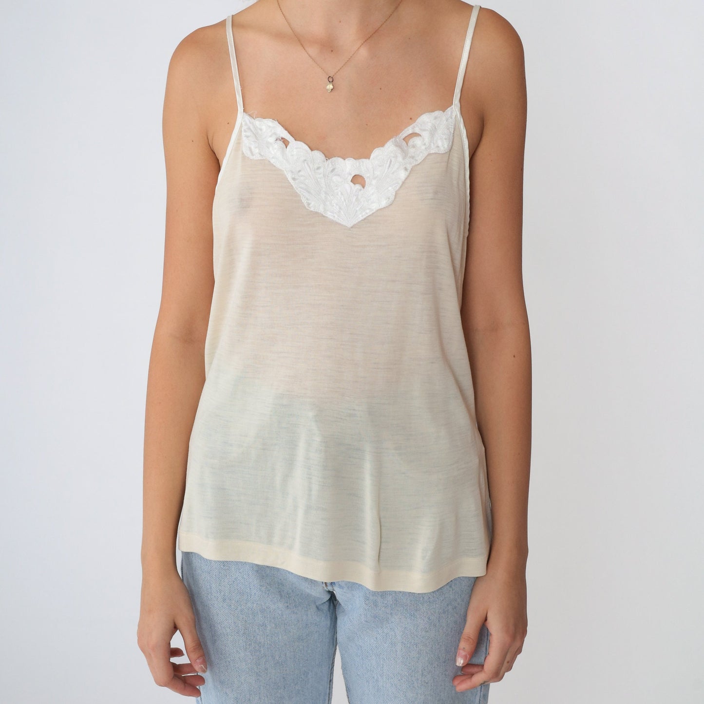 90s Beige Camisole Tank Top White Floral Applique Semi-Sheer Medium