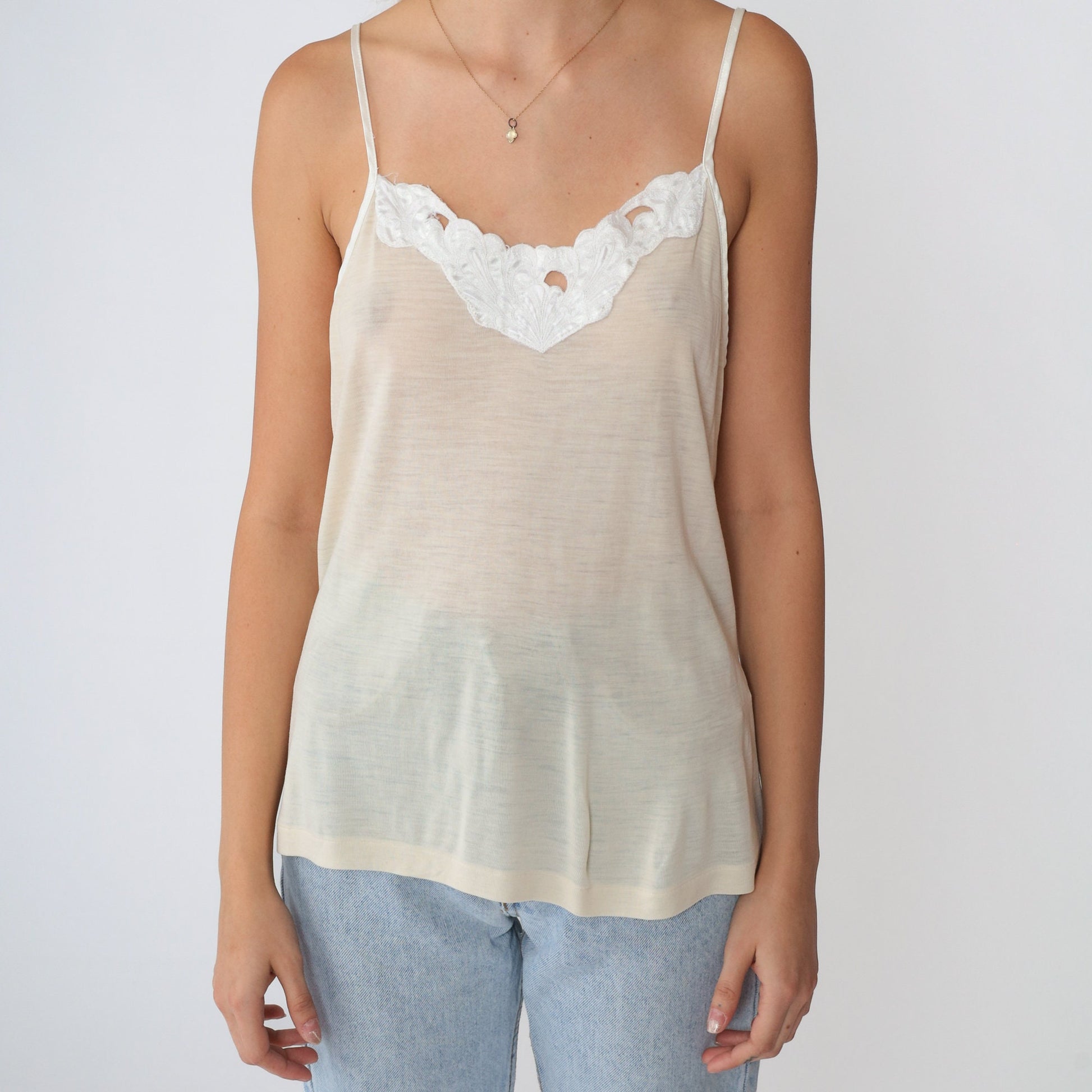 90s Beige Camisole Tank Top White Floral Applique Semi-Sheer Medium