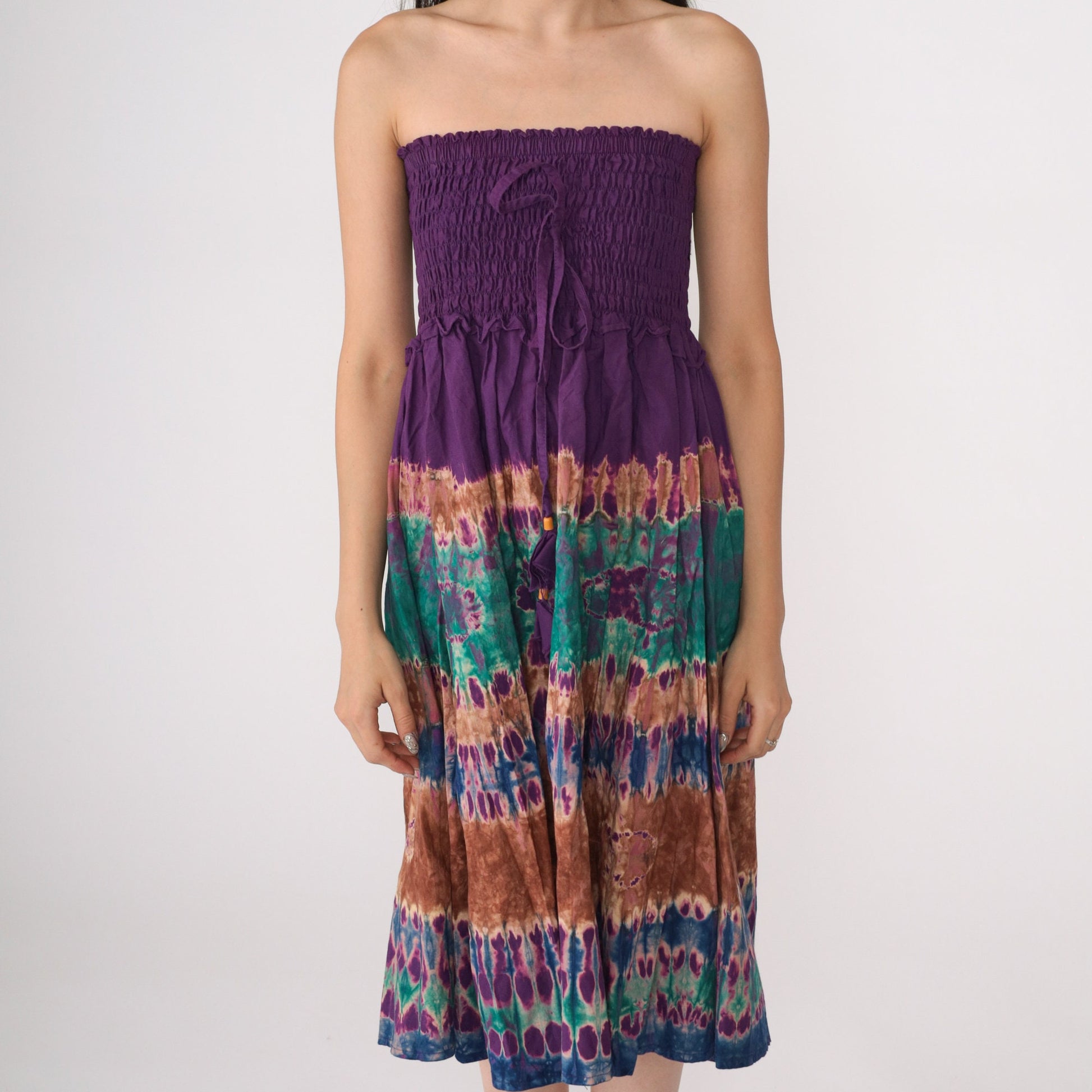 00s Tie Dye Smocked Strapless Midi Dress Purple Green Small Medium
