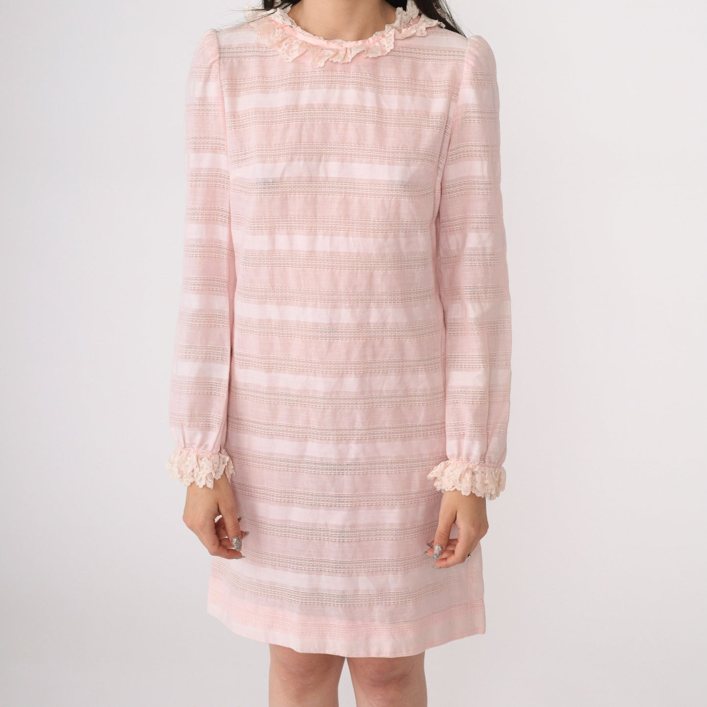 1960s Vicky Vaughn Mod Mini Dress Baby Pink Striped Lace Puff Sleeve Extra Small