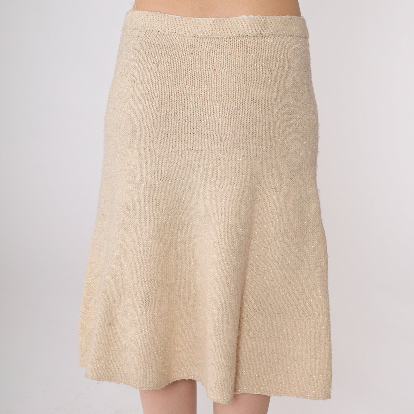 80s Beige Metallic Knit Pencil Skirt Silver Threads Elastic Waist Small Medium