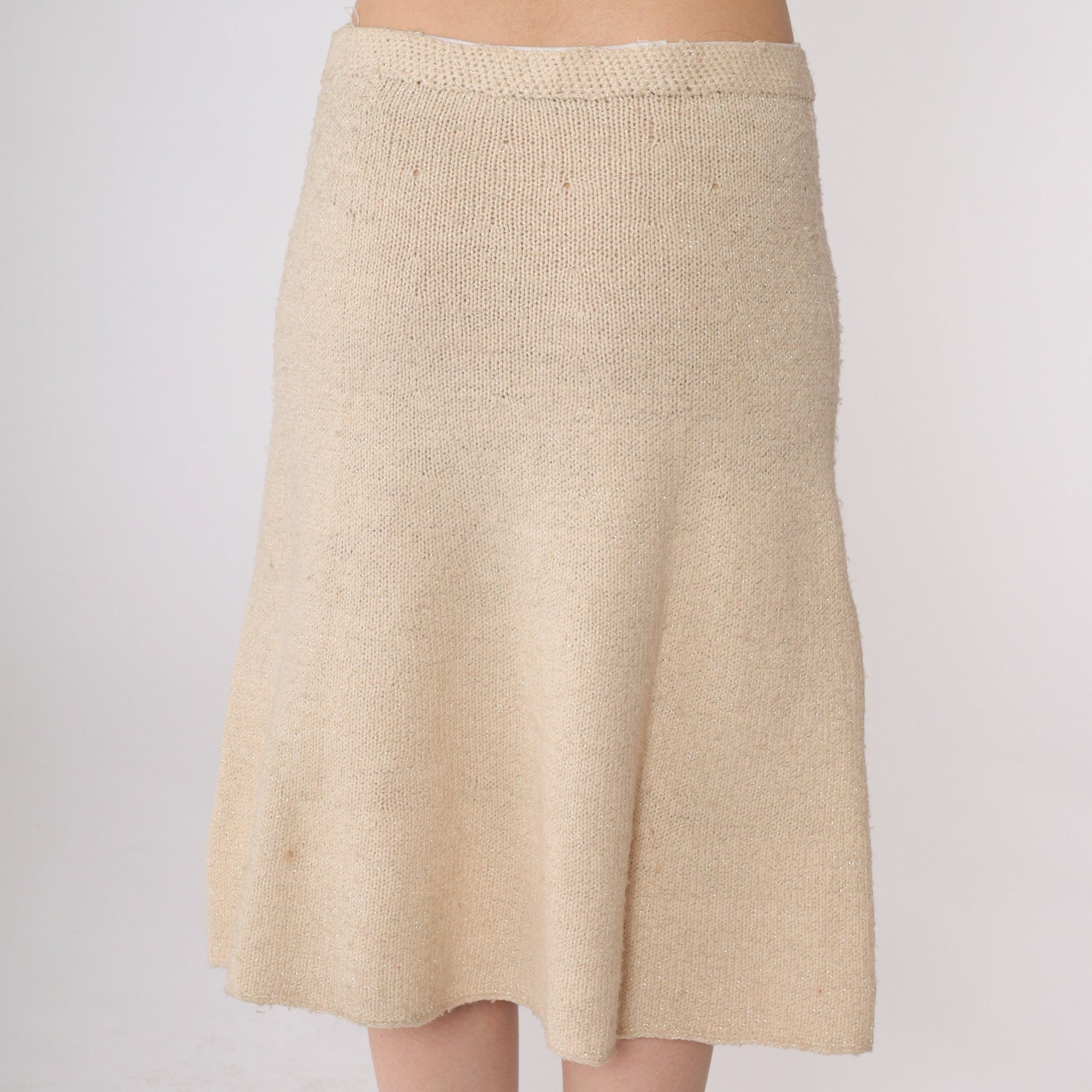 80s Beige Metallic Knit Pencil Skirt Silver Threads Elastic Waist Small Medium