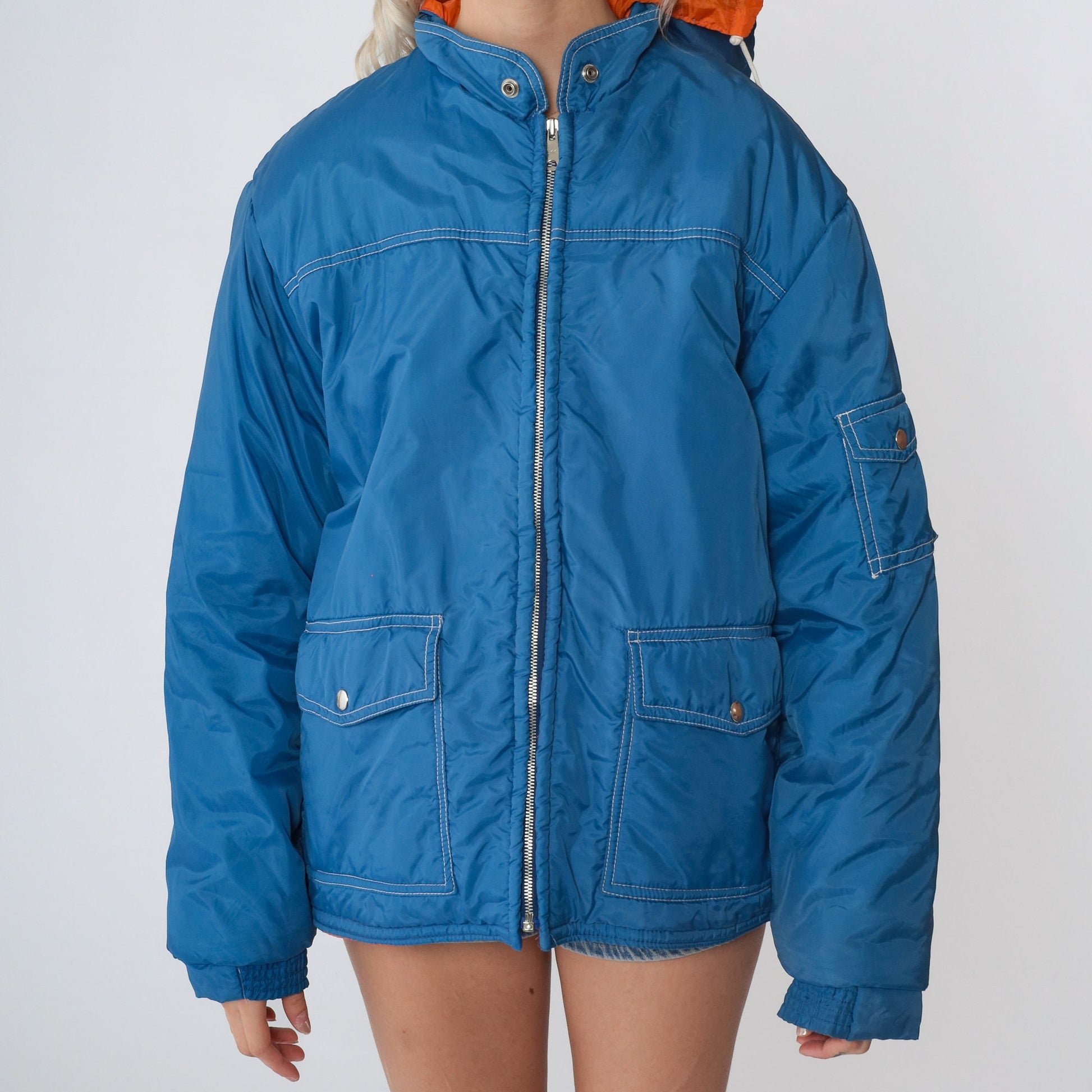 80s Blue Puffer Ski Jacket Orange Lining Hooded Zip Coat Large L