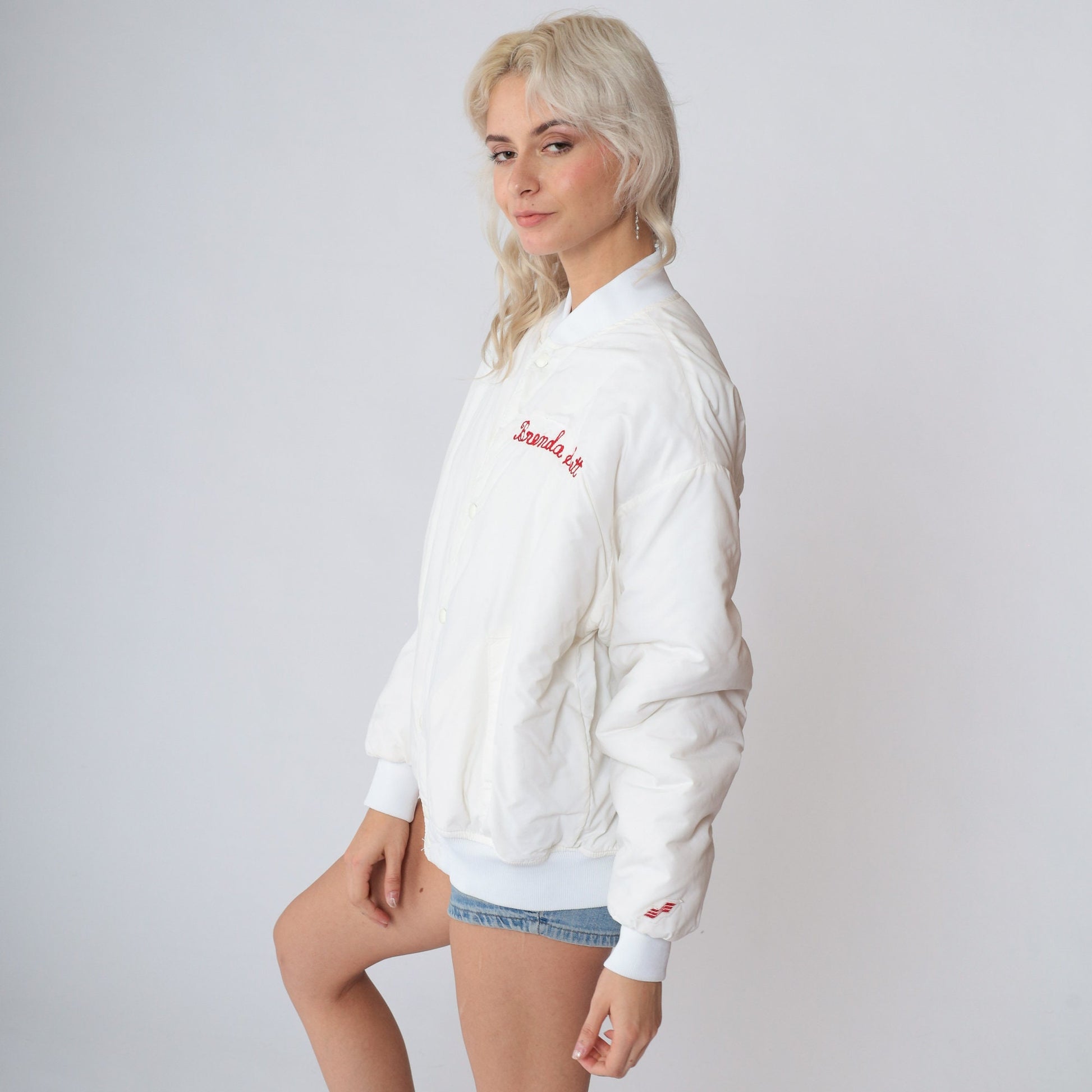 90s ASCA Stock Car Racing Bomber Jacket White Snap Windbreaker Medium