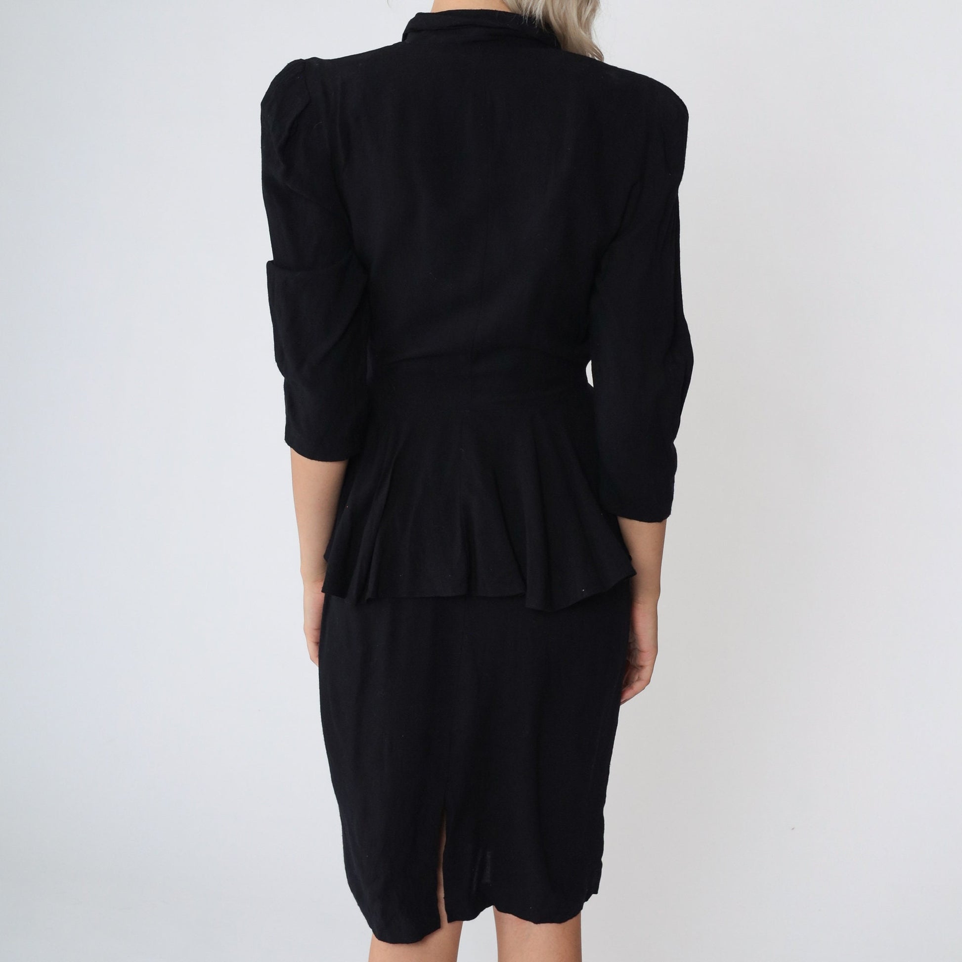 80s Jody California Black Peplum Dress V-Neck Puff Sleeve Knee Length Extra Small