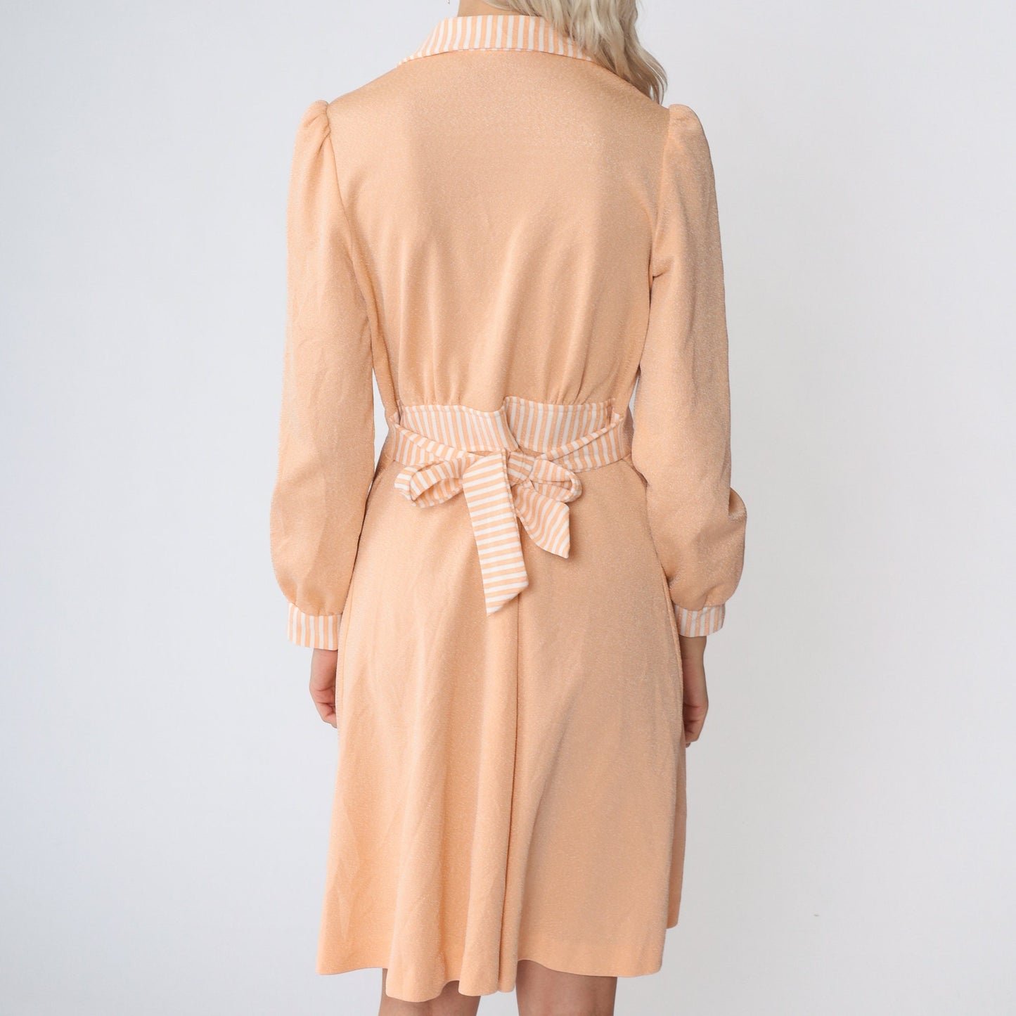70s Peach Mini Shirtdress Puff Sleeve Striped Collar Button-Up Small
