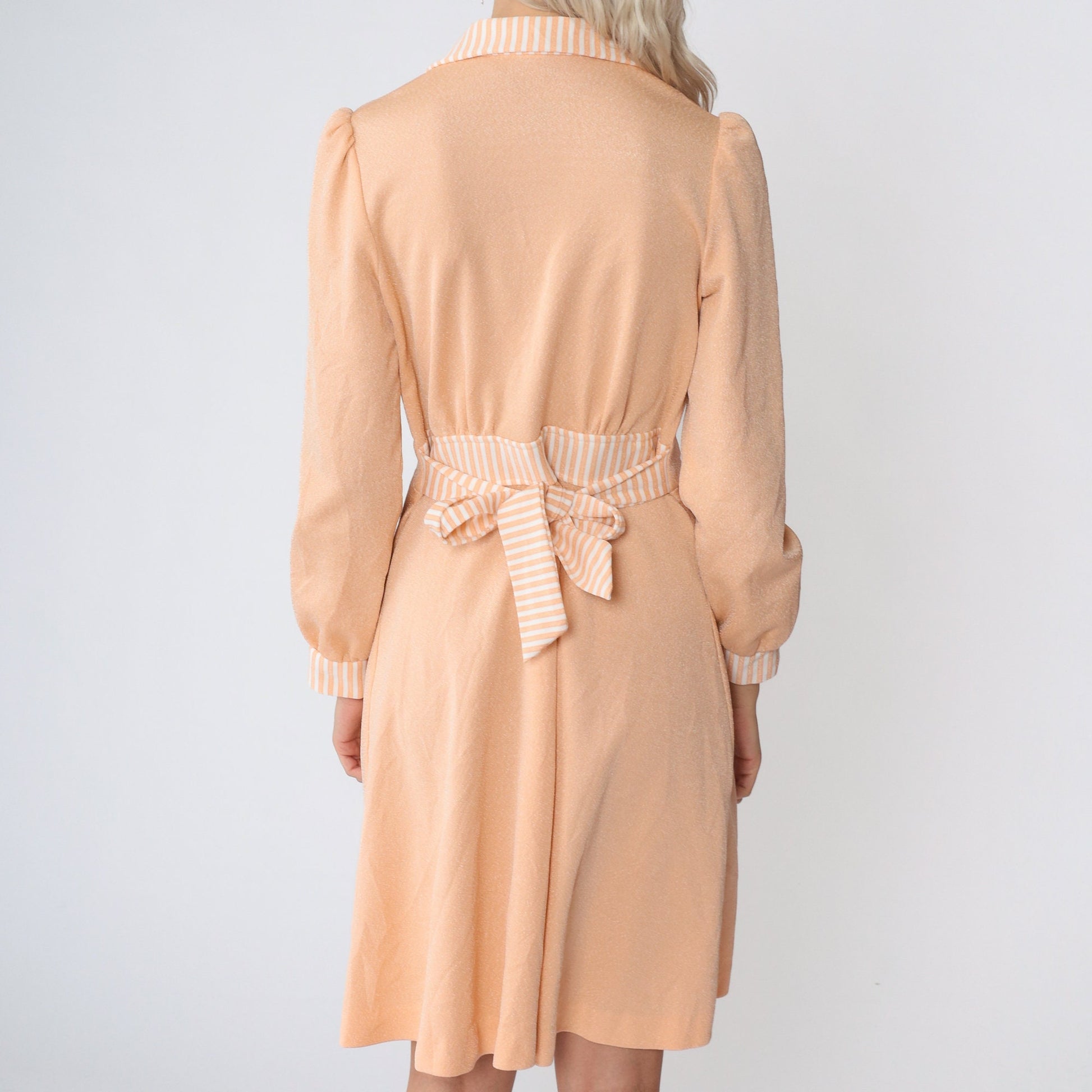 70s Peach Mini Shirtdress Puff Sleeve Striped Collar Button-Up Small