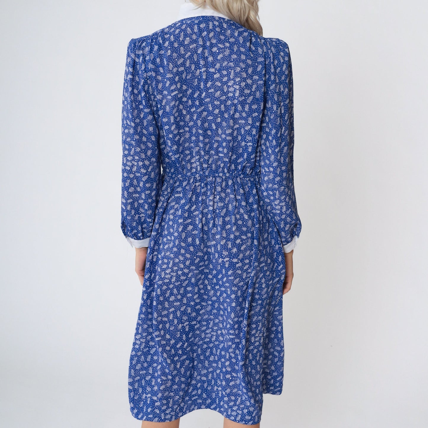 80s Blue Midi Dress Puff Sleeve White Collar Ditsy Dot Print High Waisted Small