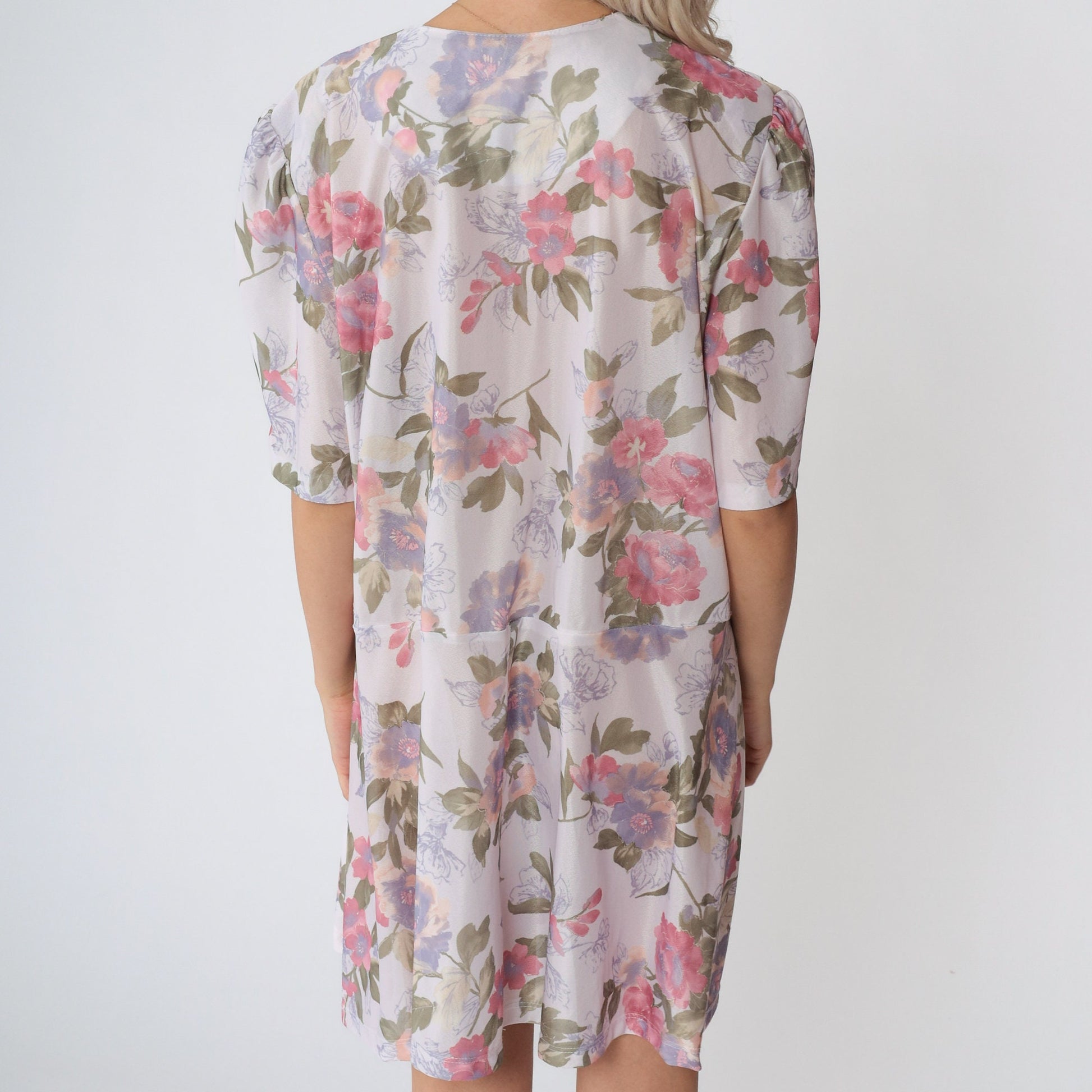 80s California Looks Floral Mini Dress Puff Sleeve High Waisted Plus Size XXL
