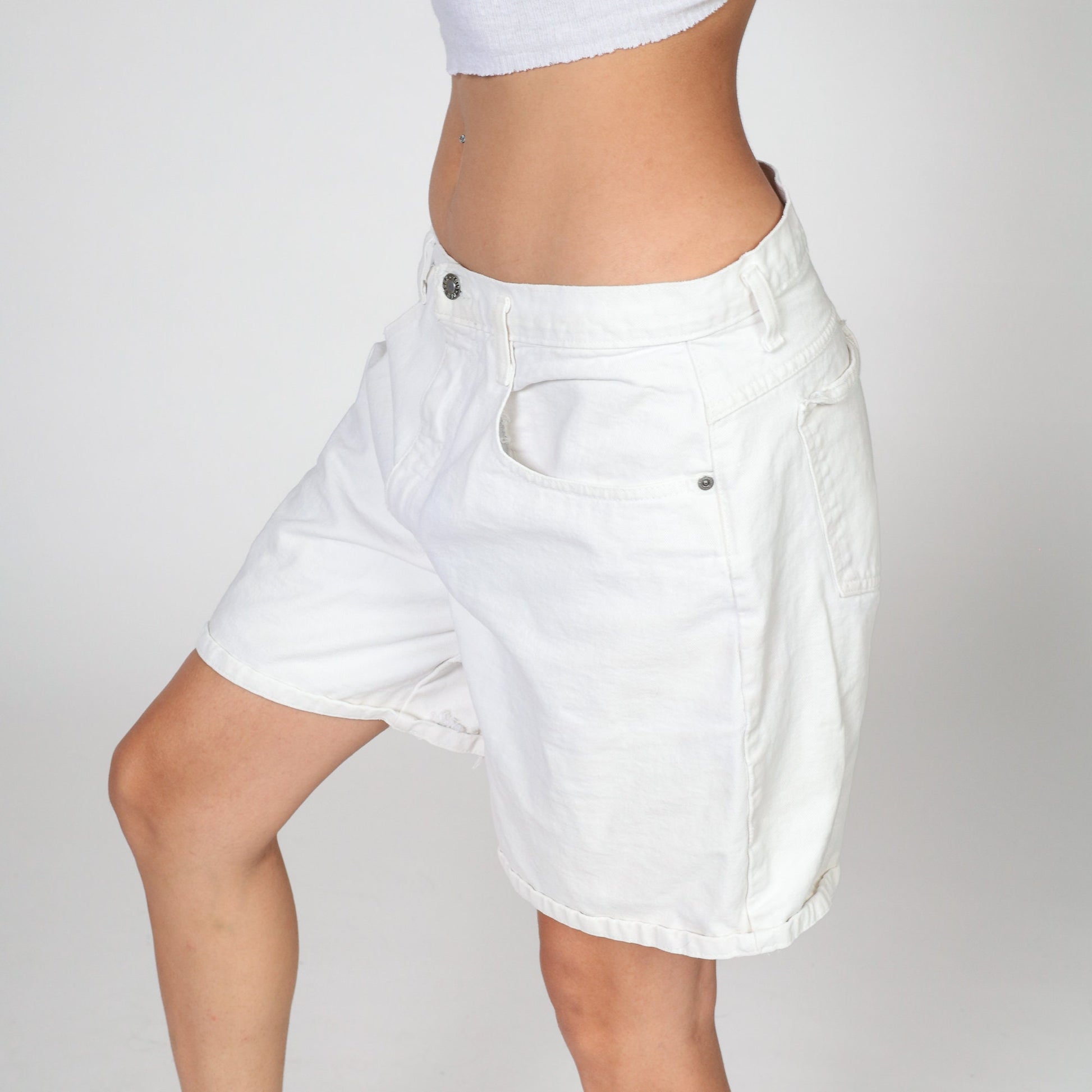 Y2K White High-Waisted Denim Shorts Cotton Jean Bermuda Large L