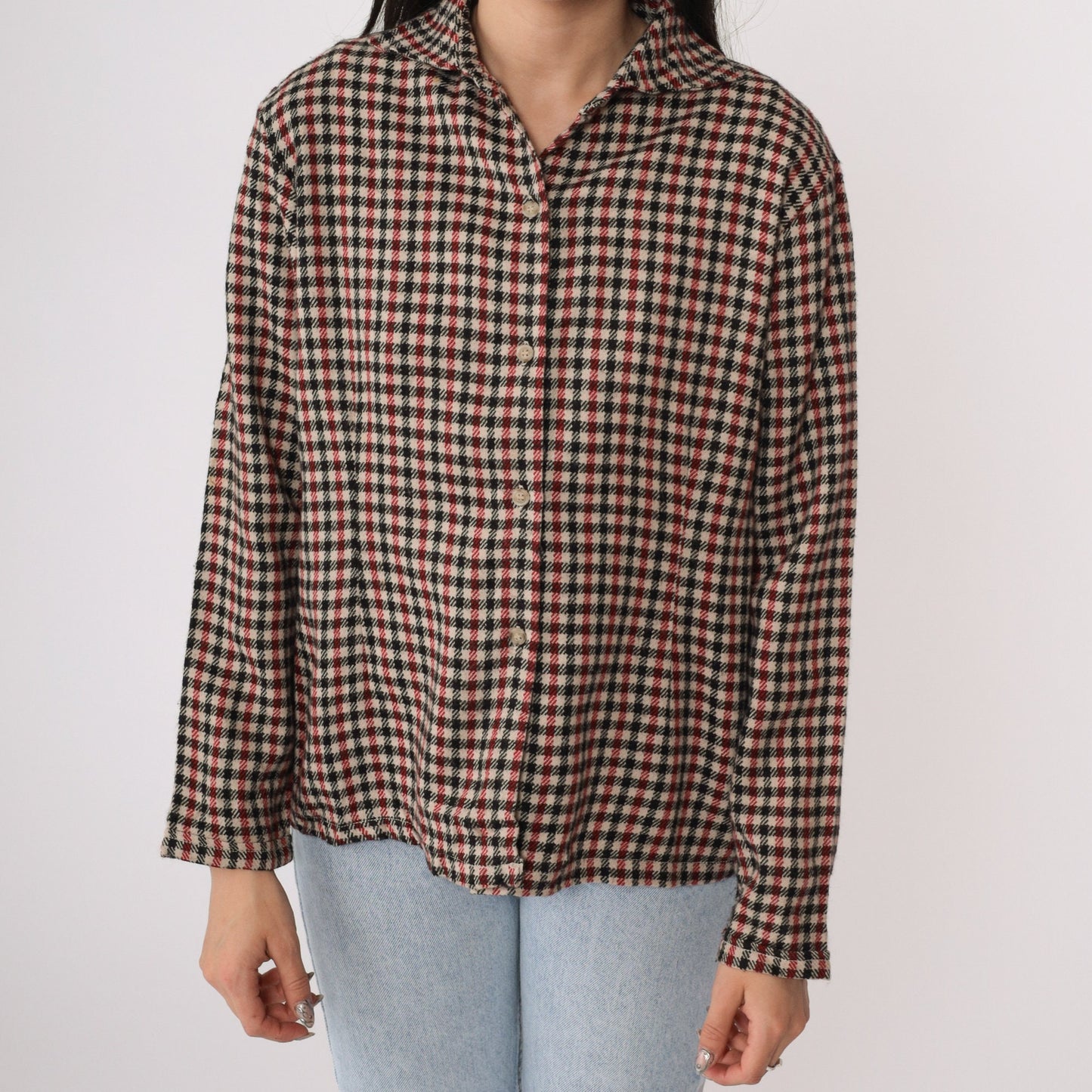 Givenchy Y2K Houndstooth Button-Up Blouse Red Black Cream Cotton Small S