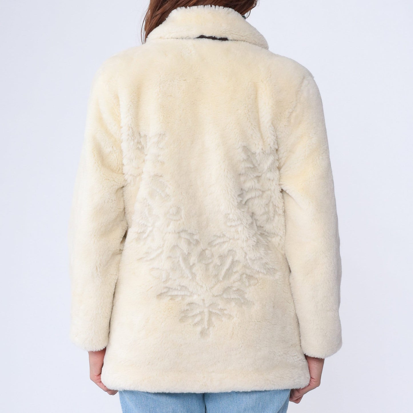 00s Cream Faux Fur Jacket Leaf Print Zip-Up Medium