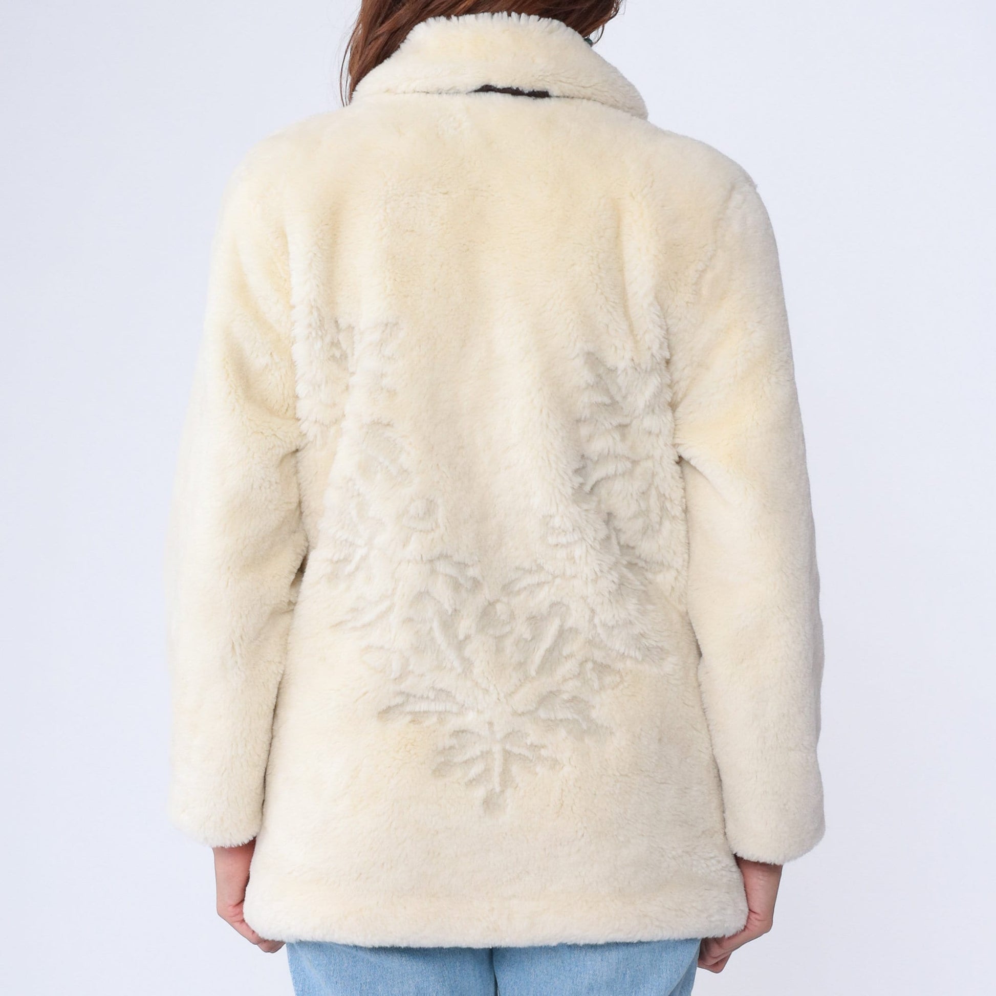 00s Cream Faux Fur Jacket Leaf Print Zip-Up Medium